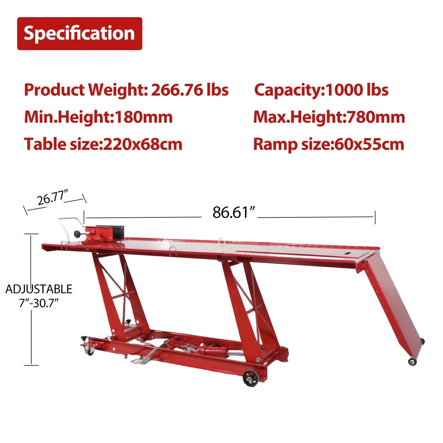 Hydraulic Motorcycle Lift Table 1000 LB Capacity, Heavy-Duty Steel Scissor Lift Hoist with Safety Lock & Wheel Clamp, Adjustable Jack Stand for Motorcycle Repair in Garages, Workshops, Home Use