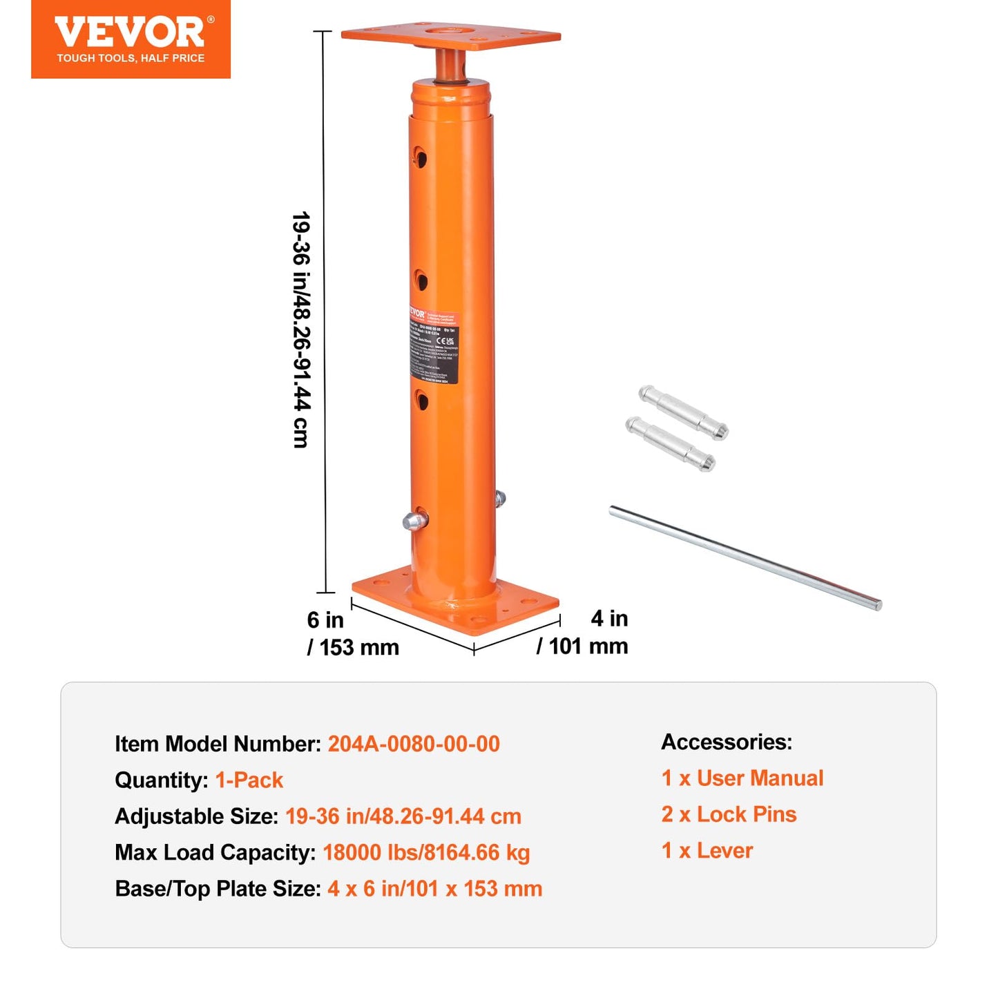 VEVOR House Floor Jack, 19"-36" Height Range, 18000 lbs Max Load Capacity, Adjustable Support Beam Basement Jack Post Pole for Leveling, Lift Support Steel Telescoping Jack Post for Temporary Support