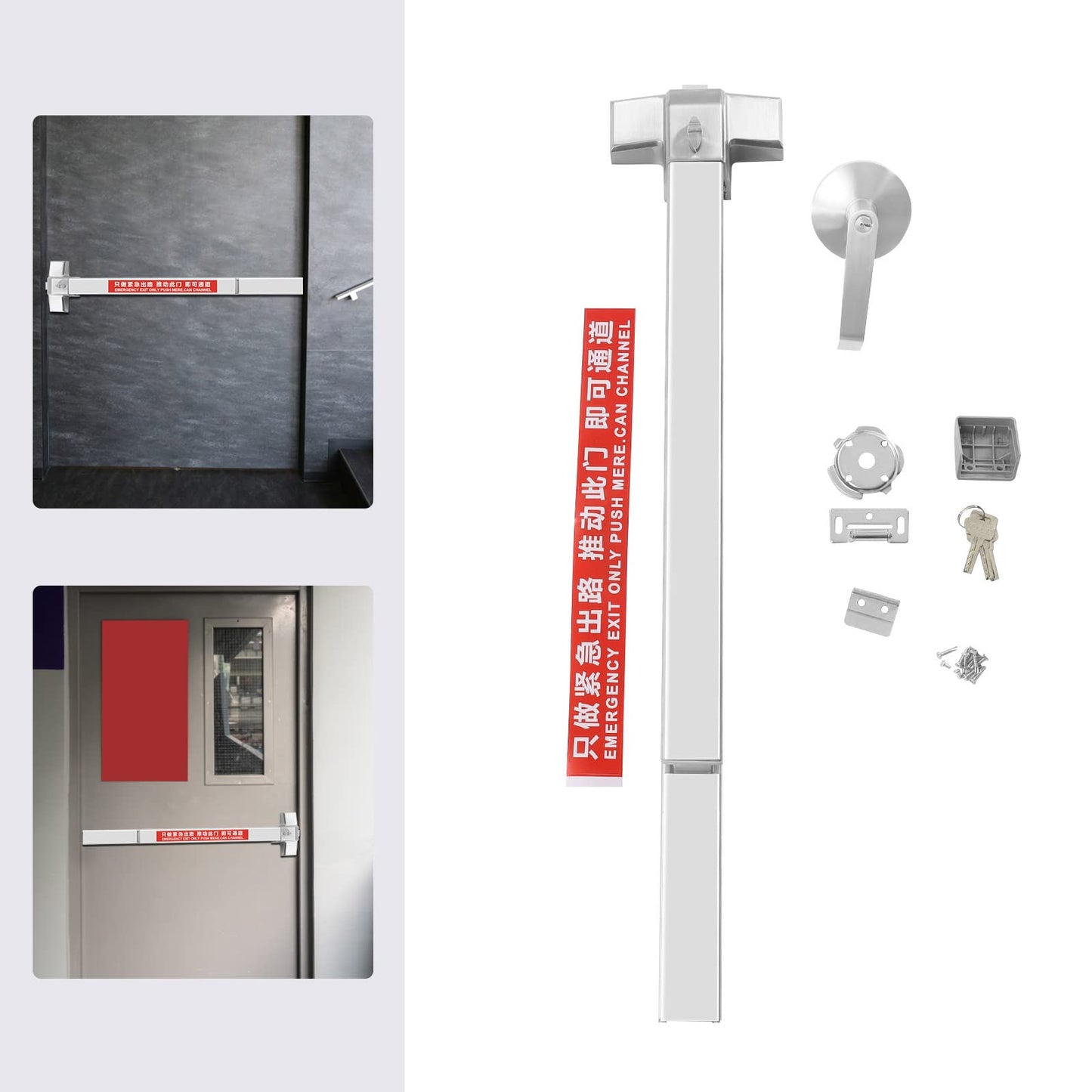 BILPIKOGoo Panic Bar Exit Device Silver - Push Bar for Exit Doors & Exit Lever with Key - Commercial Emergency Exit Bar Panic Exit Device for Wood Metal Door Panic Exit Bar