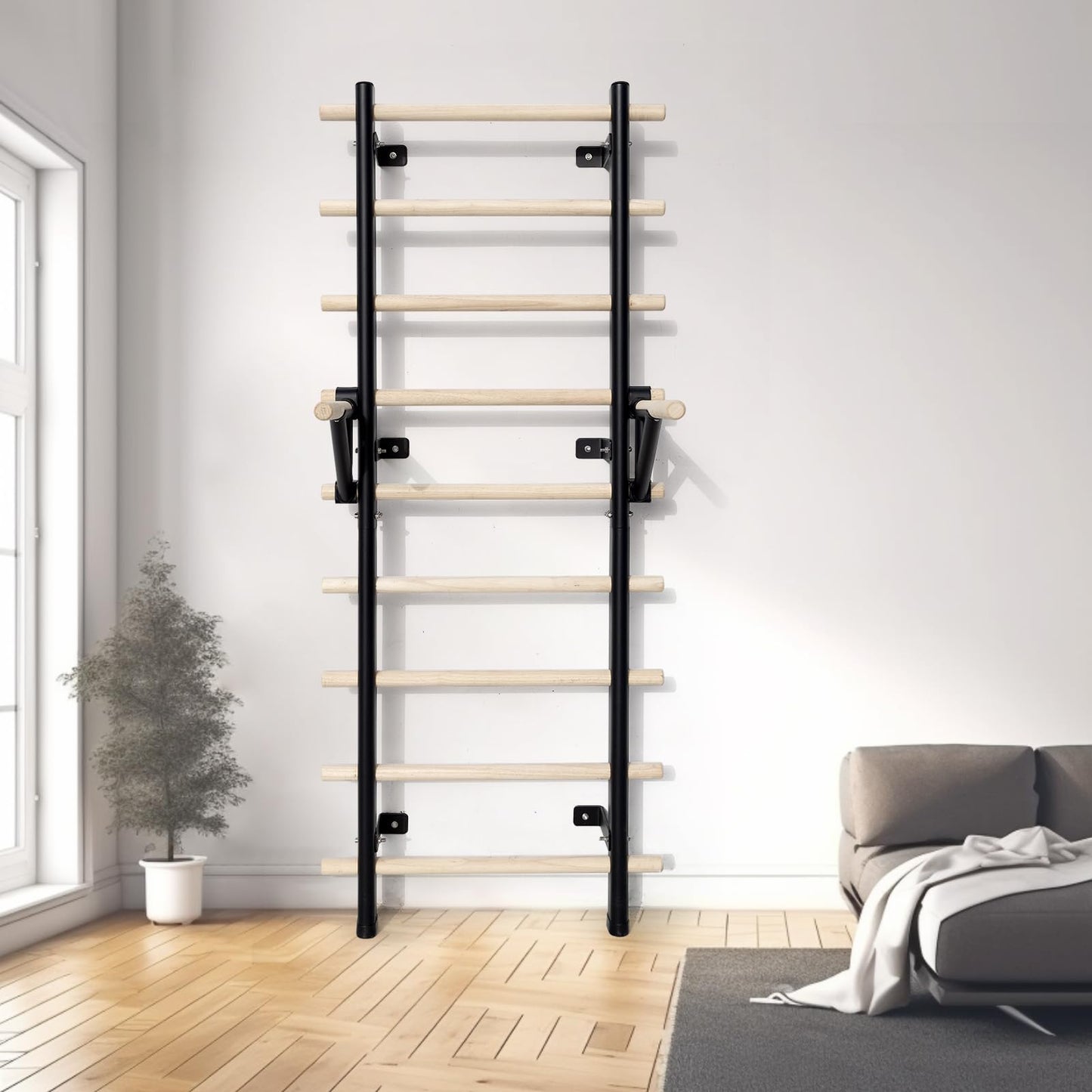 RIOWLAU Swedish Ladder Dip Bar Attachment, Fits TS003A Ladder, Wood Stall Bar for School, Physical Therapy and Gymnastics, Multi-grip (Black, 20"L x 2"W x 11"H)