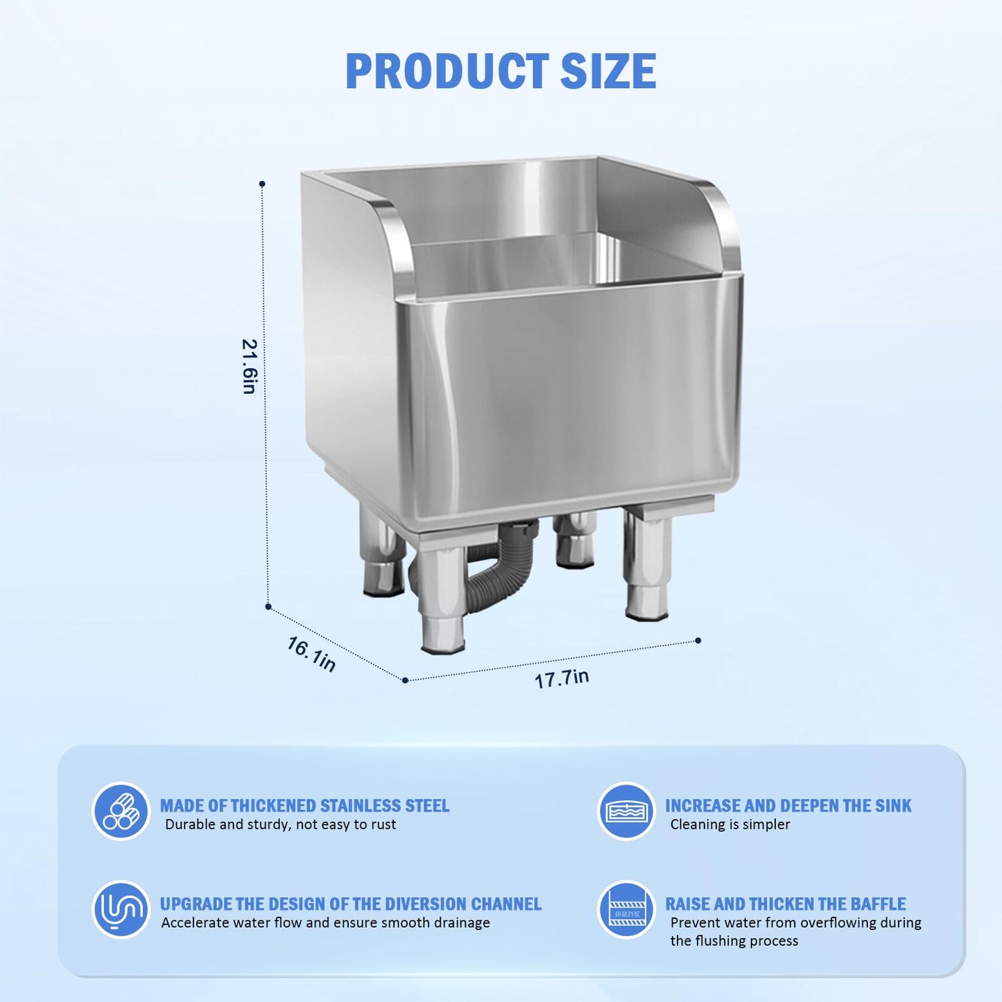 Commercial Floor Mop Sink，Stainless Steel Mop Service Basin，Mop Cleaning Sink，Vertical industrial sewage tank for balconies, laundry rooms, industries, etc（17.7”×16.1”×21.6”)