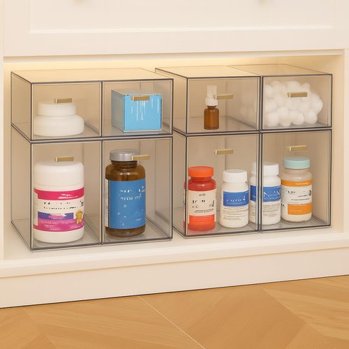 LALOBLUE Clear Stackable Drawer Organizer, 4 Pack Acrylic Storage Drawers with Pull-Out Design, Space-Saving Organizer for Bathroom, Vanity, Kitchen & Office