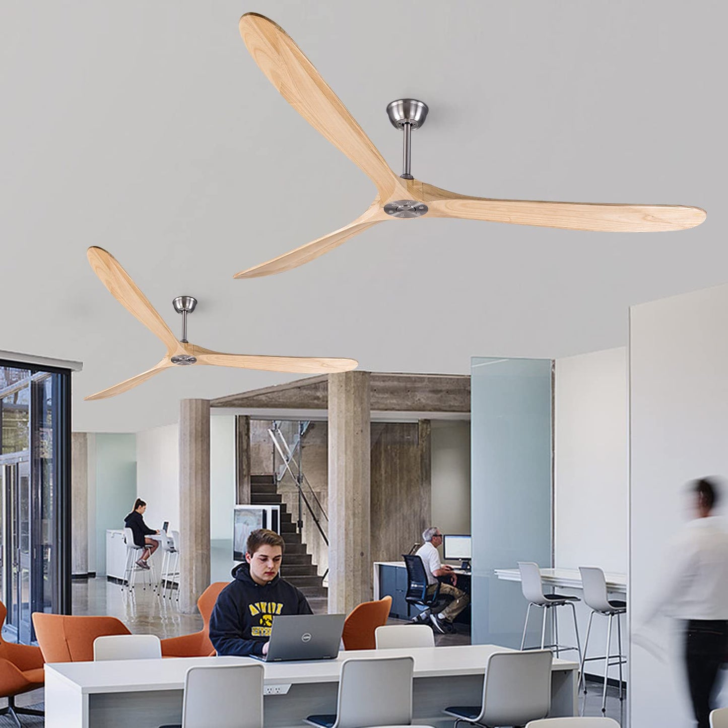 Bigzone 88'' Large Ceiling Fan No Light With Remote, DC Motor Quiet Energy Saving,3 Balsa Wood Blades,Outdoor/Indoor fan, Metal Brushed Nickel Metal Brushed Nickel-Burlywood Blade