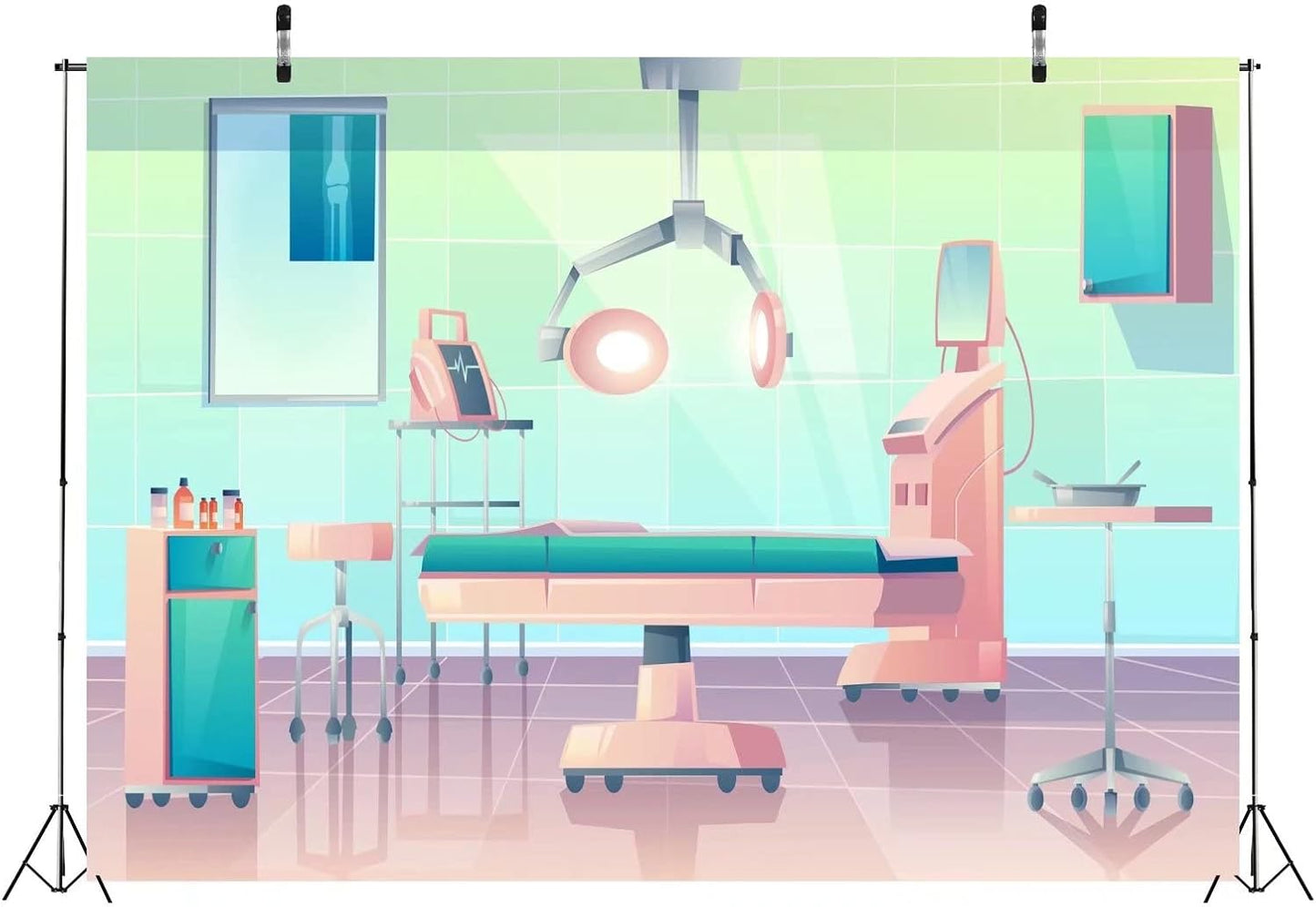 BELECO 8x6ft Fabric Cartoon Hospital Operating Room Backdrop Doctor Surgery Anesthesia Bed Medical Equipment Background
