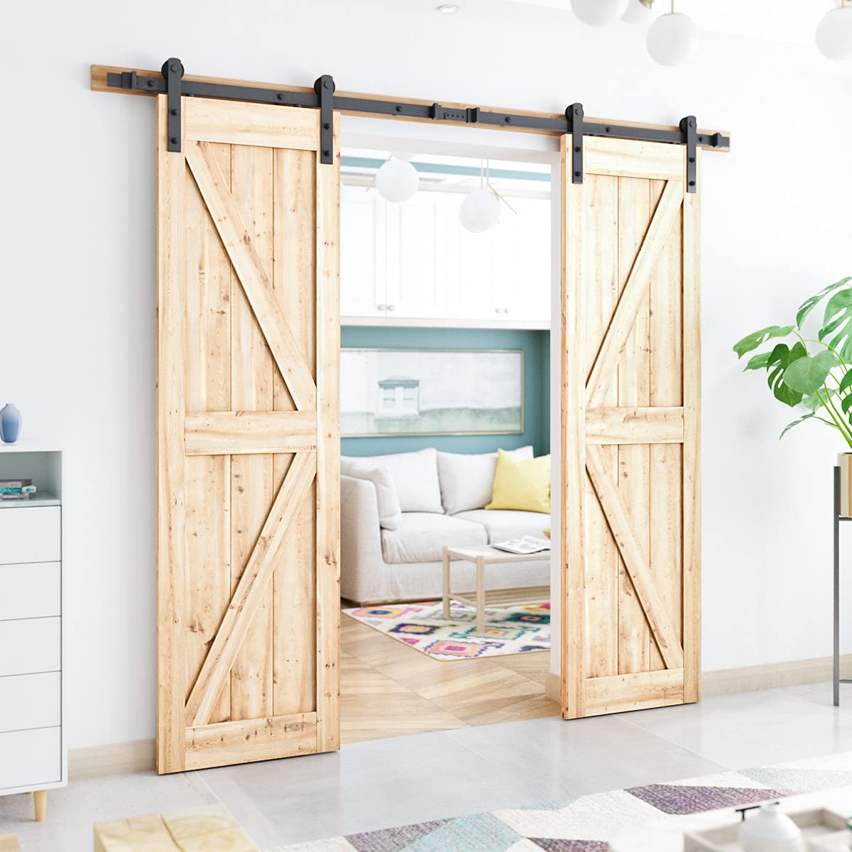 SMARTSTANDARD 8 FT Double Barn Door Hardware Kit - Heavy Duty, Smooth and Quiet Sliding Operation - Easy to Install with Step-by-Step Installation Instruction - Fits 24" Wide Door Panels