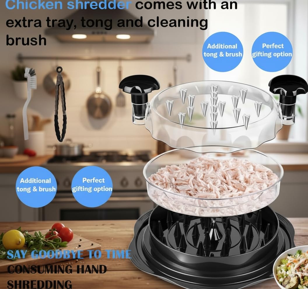 Large Chicken Shredder with Cleaning Brush & Tong 10'' Pro Chicken Shredder Tool Twist Large Stable Anti-Slip Ergonomic Handle, Removable Tray, Dishwasher Safe, BPA Free