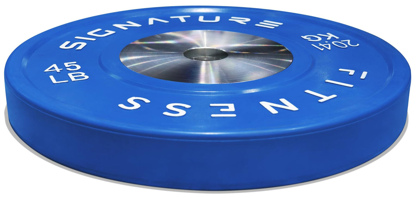 Signature Fitness Fitvids 2" Olympic Competition Bumper Plate with Steel Hub for Strength Training and Powerlifting - Minimal Bounce – 45LBS Single – 45-Pound, Single – Blue