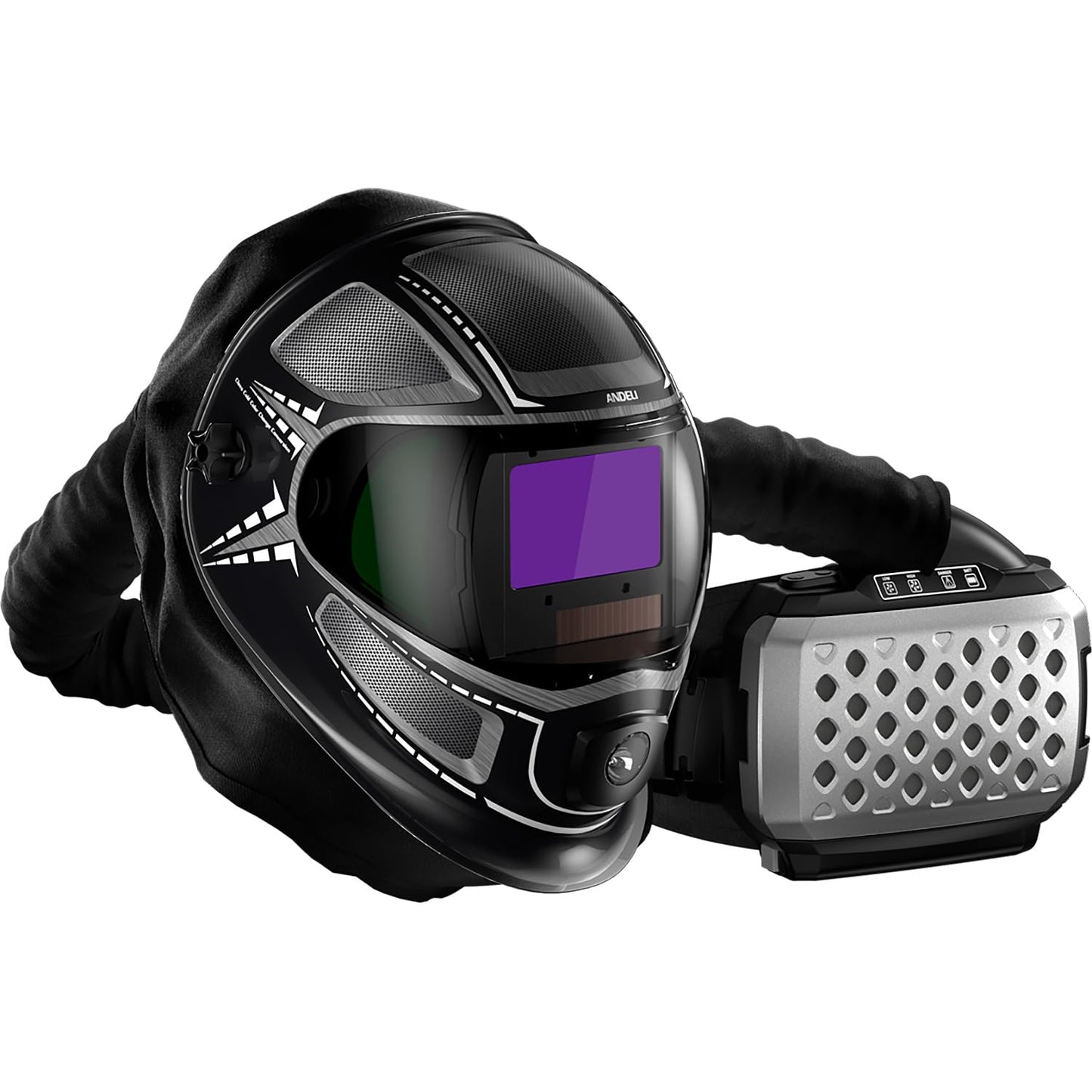 ANDELI Welding Helmet with Respirator, 99.95% PAPR Filtration Efficiency, 180° Panoramic Large Viewing Screen, Auto Darkening Welding Helmet with Light, Powered Air Purifying Respirator, Bundle with 4