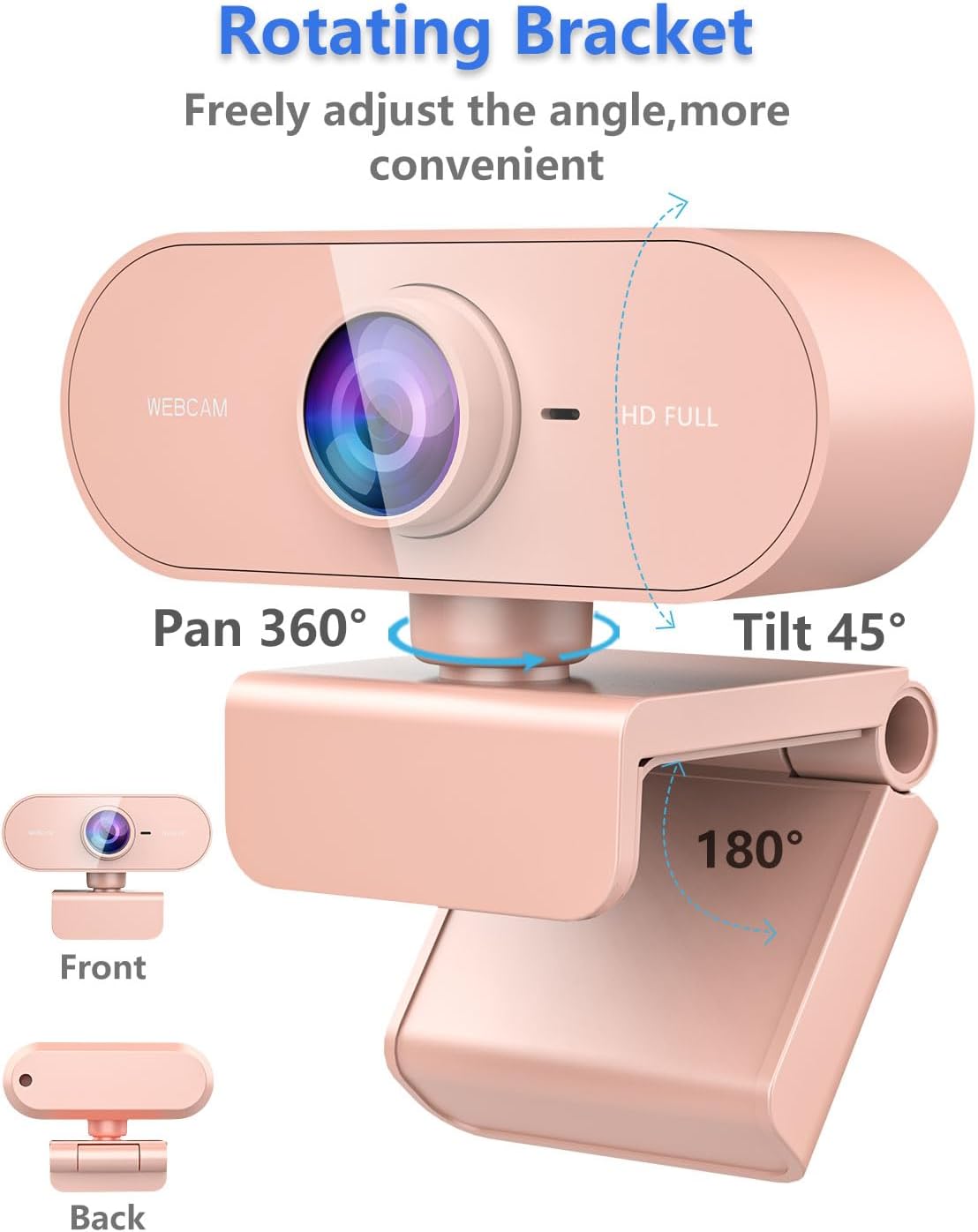 QMKKX 1080P Webcam for pc with Microphone,Full Hd Pink Streaming Web Cam with Mic for Mac Laptop, Small Computer Camera