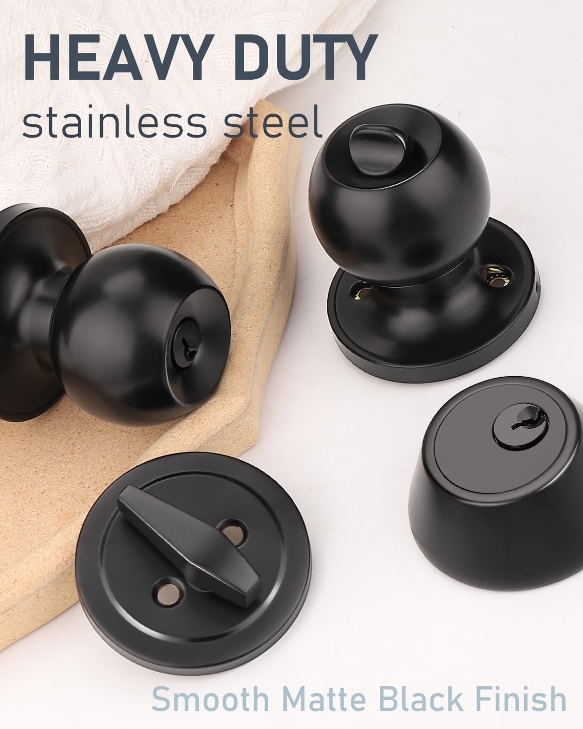 Brotima 1 Pack Entry Door Knob Lockset and Single Cylinder Deadbolt Combination Set in Matte Black Finish, Keyed Alike Exterior Knob Lock and Deadbolt for Front Door and Outside Gate