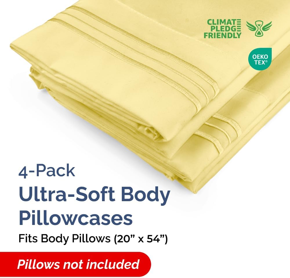 Skiennix Body Pillowcases Set of 4 | Soft 20x54 Long Pillow Covers for Side Sleepers - Cozy, Breathable & Fade-Free - Machine Washable, Envelope Enclosure - Yellow