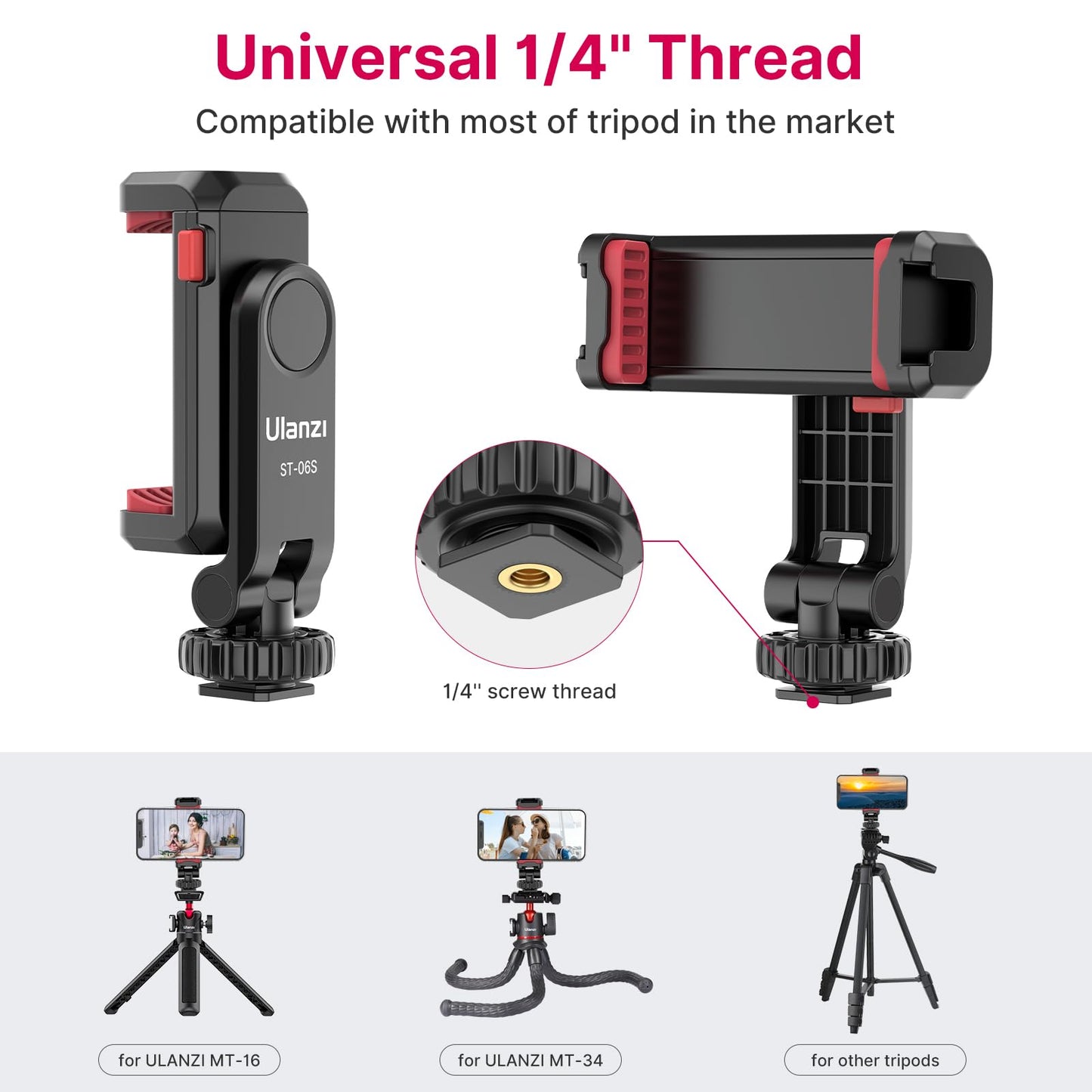 Phone Tripod Mount Holder for iPhone - ULANZI ST-06S Camera Hot 2 Cold Shoe Phone Mount Compatible for iPhone Android Sony Canon DJI Ronin S/SC Zhiyun Gimbals
