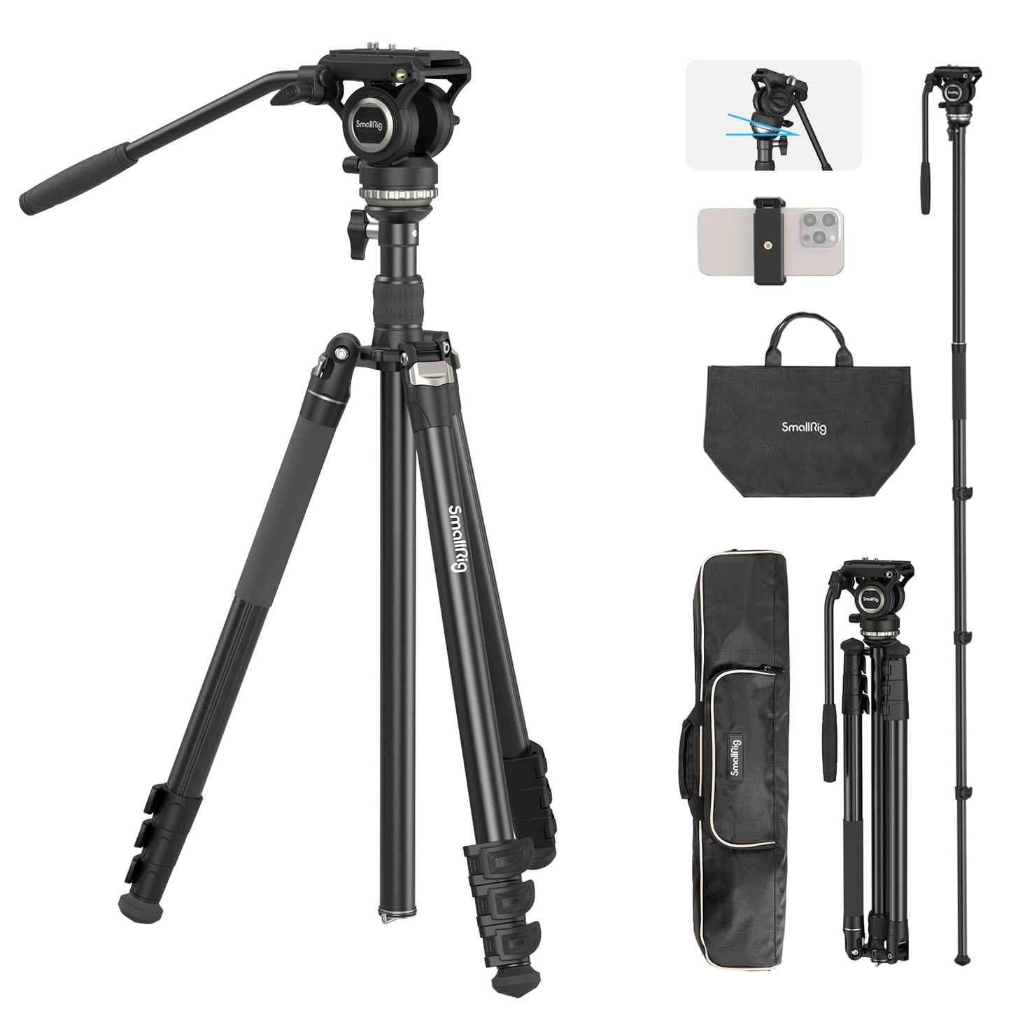 SmallRig CT210 Video Tripod, 75" Video Camera Tripod Monopod with +/-15° Leveling Base Fluid Head, Professional Camera Tripod Compatible with Video Camera, DSLR, Camcorder-4475
