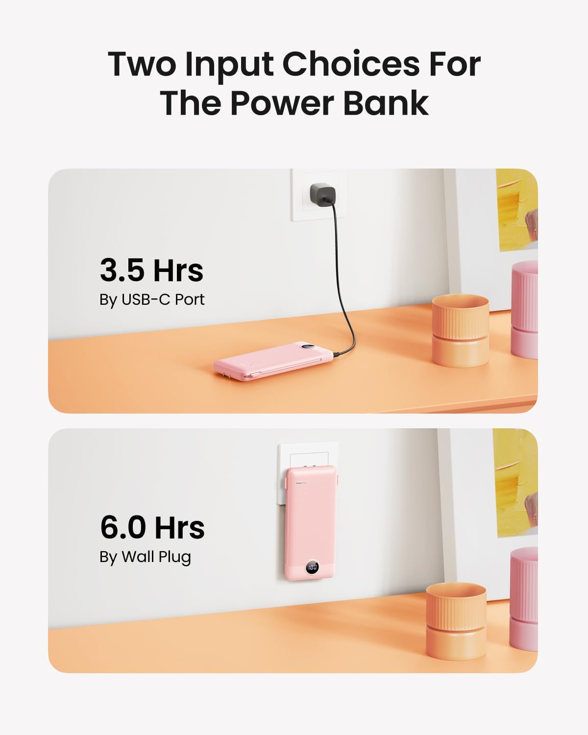 Coowisty 10000mAh Pack Portable Charger Built-in Cables and Wall Plug, Slim USB C Power Bank, LED Display External