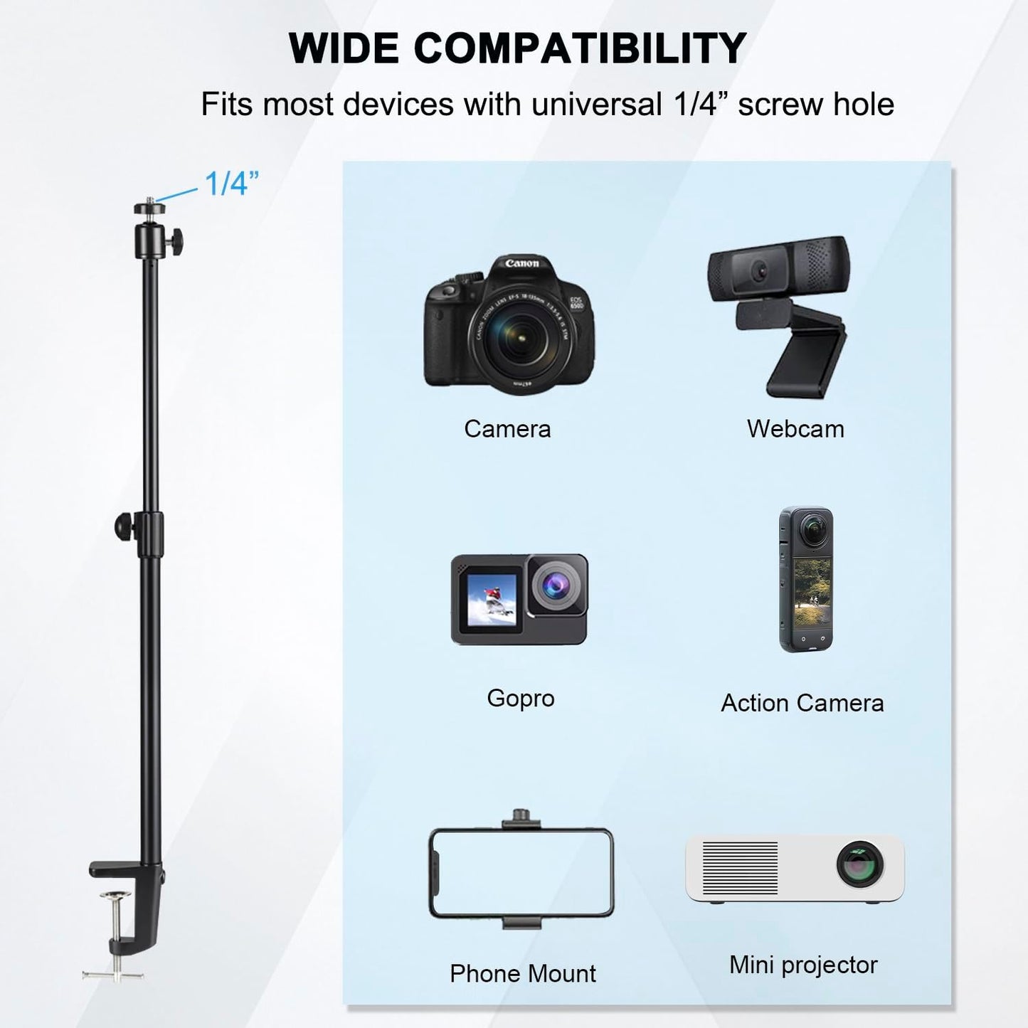 Jodichert 19"- 32" Camera Desk Mount, Overhead Desk Camera Stand Adjustable Desk Webcam Arm Light Stand for DSLR