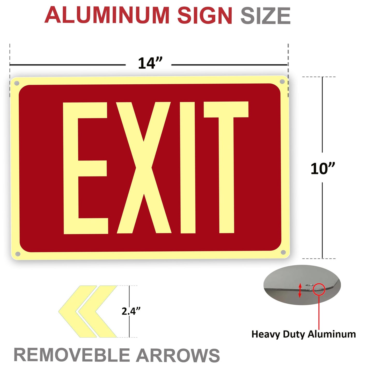 4Pack Photoluminescent Exit Sign Aluminum - 14x10 Inches Glow In Dark Exit Sign with Adhesive Backing - Removable Arrows Included - Non Electrical Red Exit Light For 50 Feet Visibility