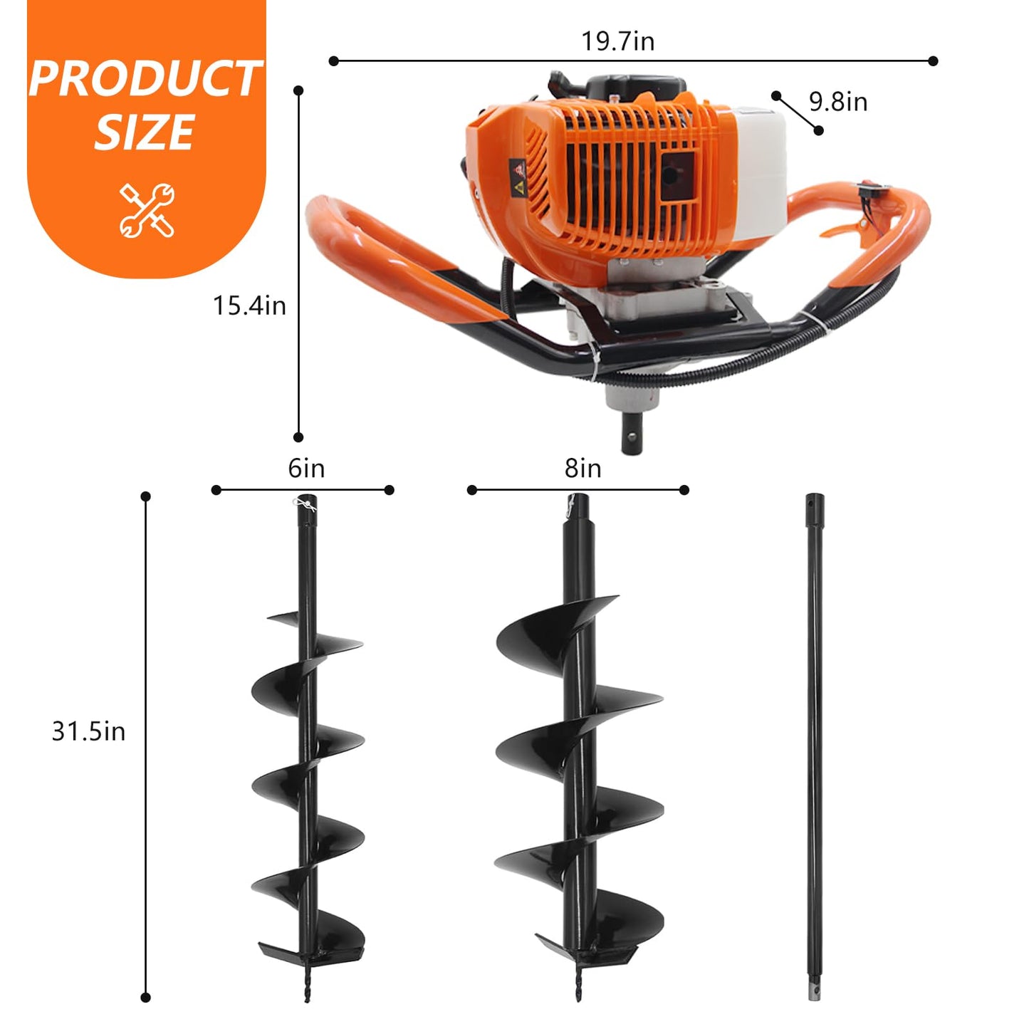 72CC Auger Post Hole Digger, 2 Stroke Gas Powered Earth Post Hole Digger with 3 Auger Drill Bits(4" & 6" & 12") + 2 Extension Rods for Farm Garden Plant, Orange (72cc+3 Auger(4"6"12")+2 Ext)