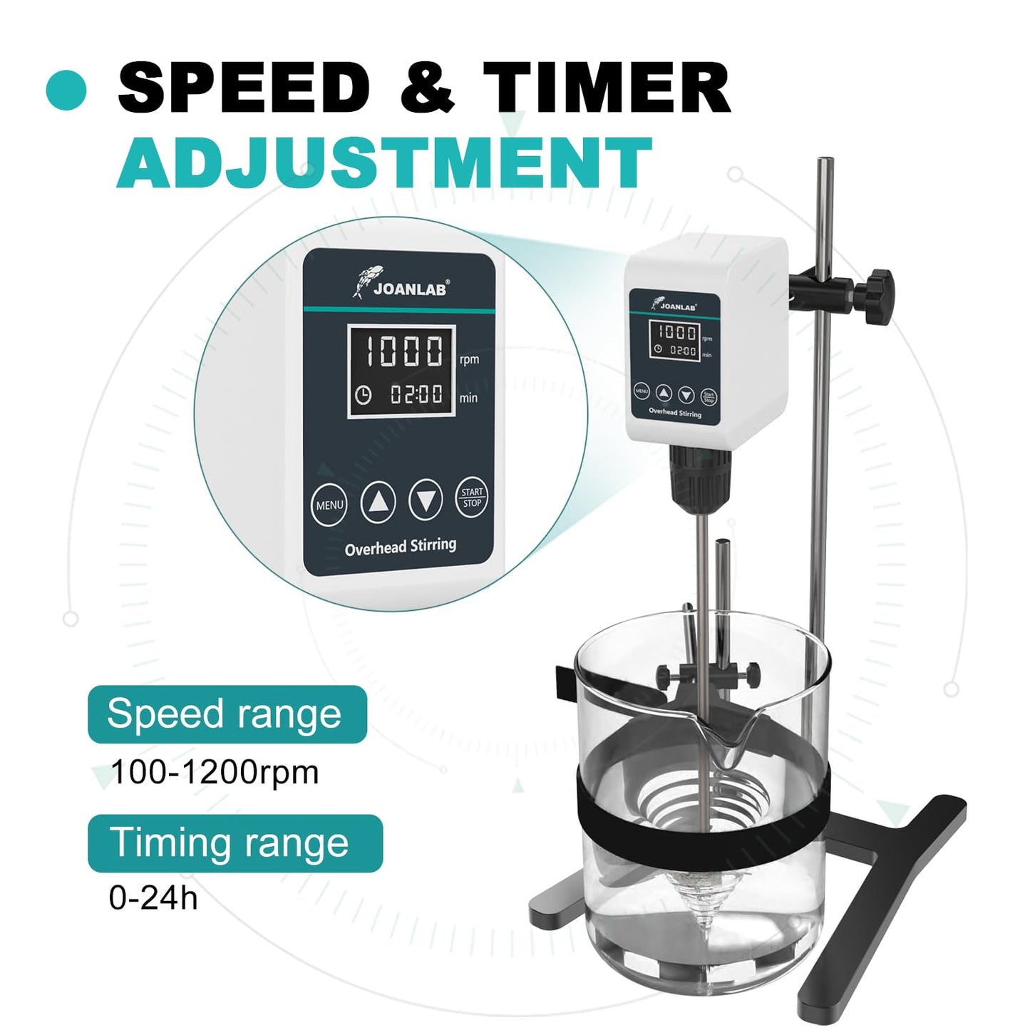 JOANLAB Digital Overhead Stirrer Mixer Set 10L Capacity Max viscosity10,000mPas, Lab Mixer Stirrer 100-1200rpm Lab Overhead Mixer with Support Stand&Two Stirring Rods