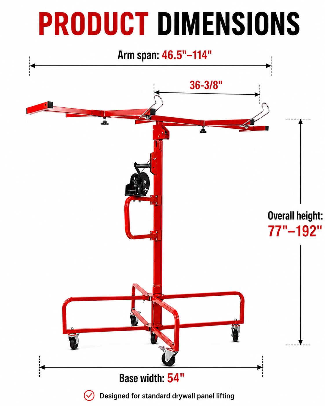 ELOMBR 16FT Drywall Lift Sheetrock Lift, Panel Hoist with 4 Lockable Wheels for Ceiling, Drywall Rolling Lifter Panel, 150LBS Drywall Jack Lift for Home & Commercial Use, Red