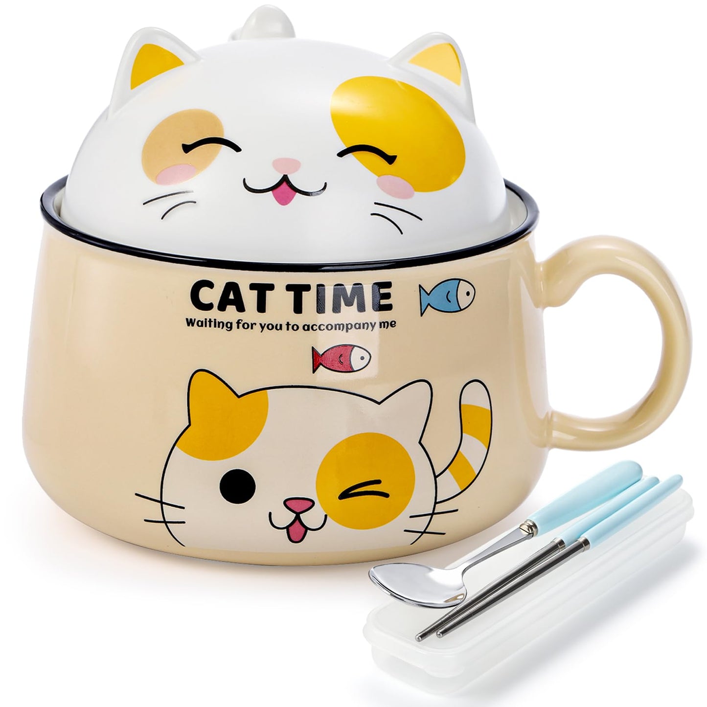 Cididu Ramen Bowl with Handle and Lid, 34.5 oz Ceramic Cute Cat Instant Noodle Bowls with Spoon Chopsticks for Dorm, Kitty Large Microwavable Japanese Soup Pot Bowl