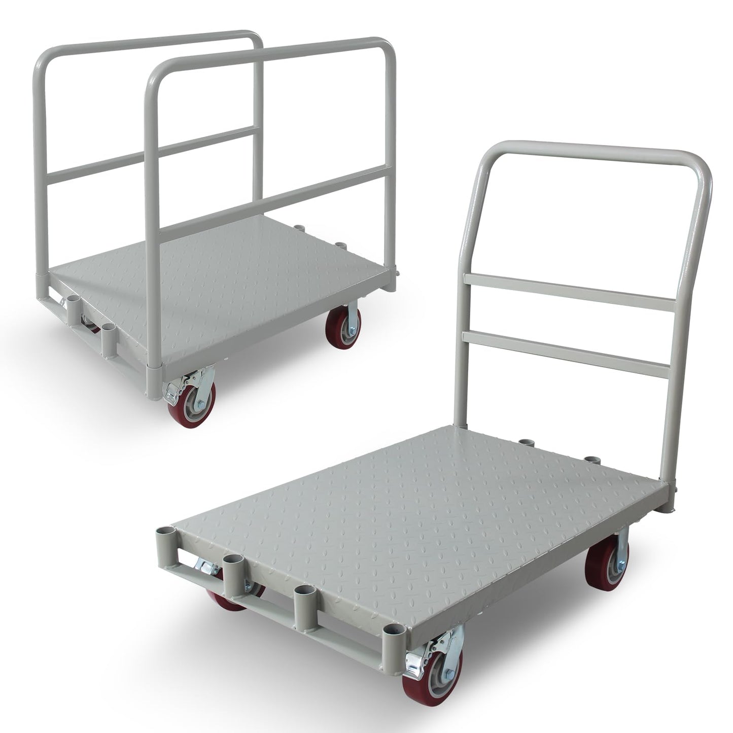 2-in-1 Heavy Duty Platform Truck Push Cart Dolly, Industrial Foldable Large Flatbed Cart with Wheels, 2 Side Handrails for Groceries, Garage, Warehouse Loading and Storage