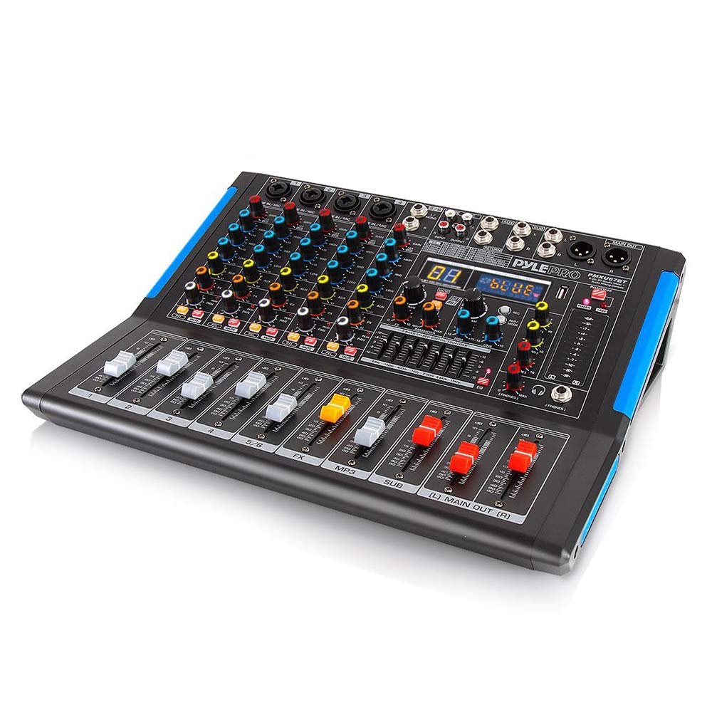 Pyle 6-Channel Console Style Audio Mixer with Bluetooth - DJ Sound Controller, 4 XLR / Combo Inputs, Sub Out, +48V Phantom, USB-A In, 16 DSP Effects, MP3 Player, 7-Band EQ - PMXU67BT