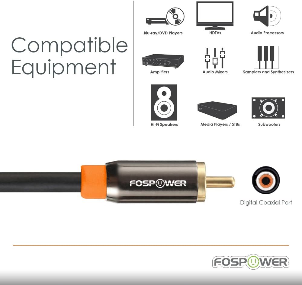 [24K 10ft FosPower Digital Audio Coaxial Cable Gold Plated Connectors] Premium S/PDIF RCA Male to RCA Male for Home