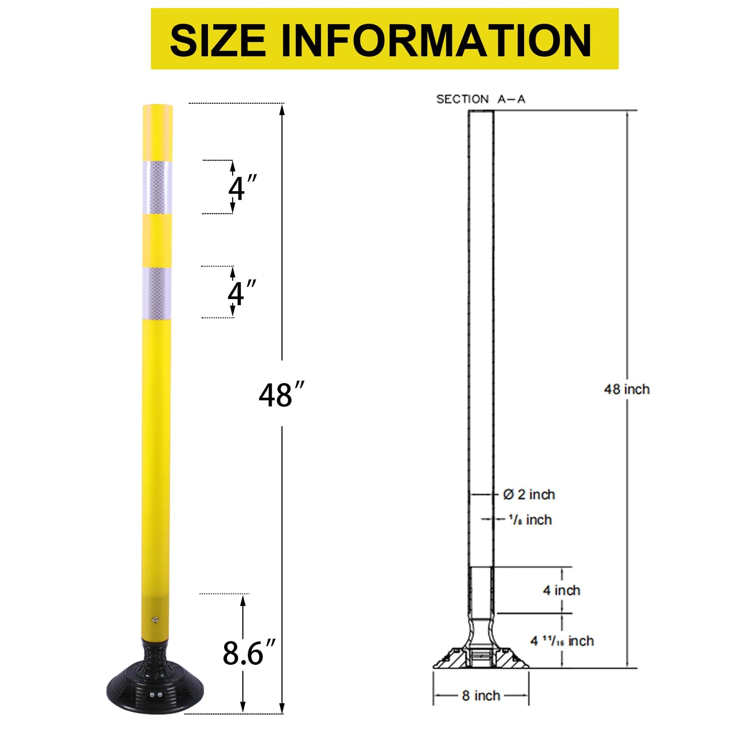 OrangeStar 8 Pack Delineator Post 48" Yellow Traffic Delineator Cones with Fixable Base for Road Safety, Parking Lots