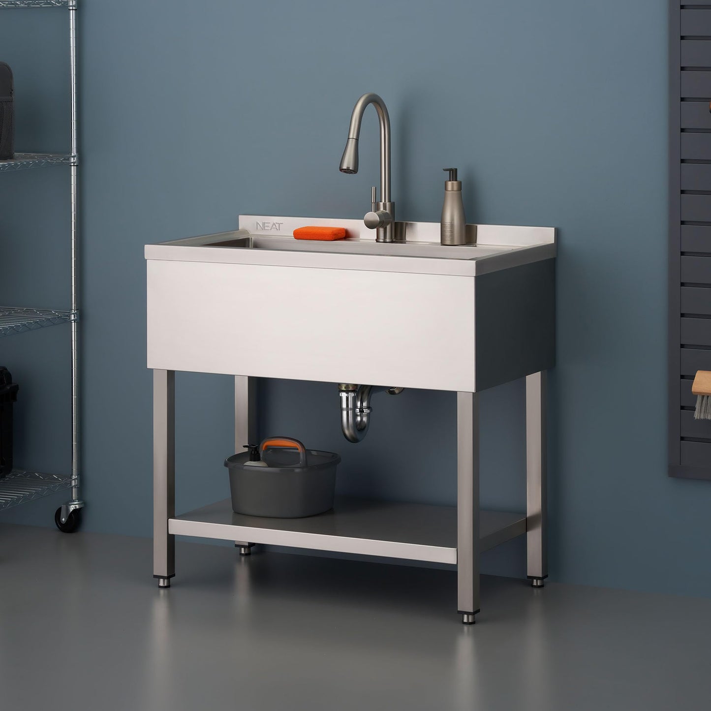 NEAT by TRINITY EcoStorage Stainless Steel Utility Sink, Oversized Freestanding Single Bowl Utility Sink, Pull-Out Faucet, Garage, Laundry Room, Business, NSF Certified, 36"W x 20"D x 50"H (NHA-0322)