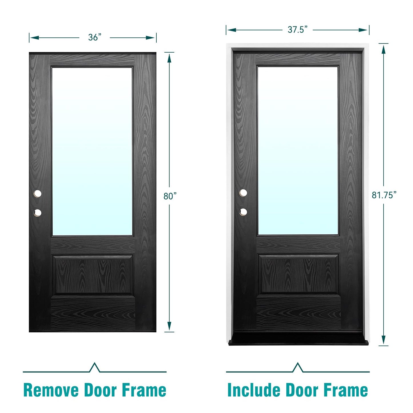 3/4 Lite 36" x 80" Fiberglass Front Door with Tempered Low‑E Glass, Pre‑Assembled Prehung Entry Door Glass Inserts and Frames, Dual‑Color Black/White Finish, Right Hand Inswing