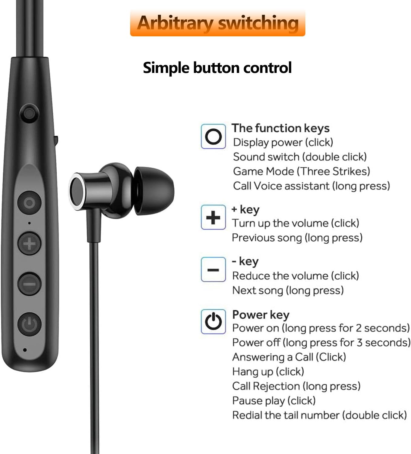 AIYIBEN 100 (Y10) Neckband Bluetooth Headphone with LED Power, Neckband Headphones Hours Playtime, in-Ear Bluetooth