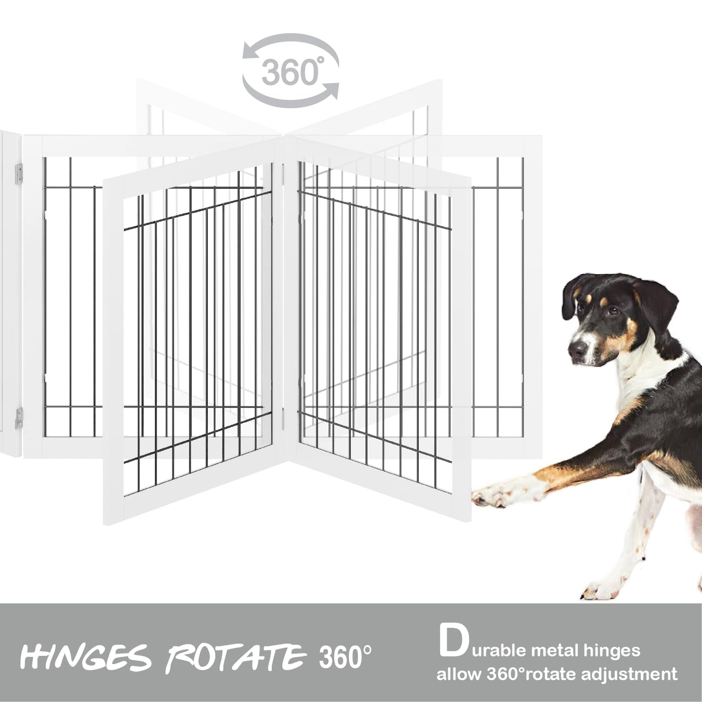 PAWLAND 144-inch Extra Wide 30-inches Tall Dog gate with Door Walk Through, Freestanding Wire Pet Gate for The House, Doorway, Stairs, Pet Puppy Safety Fence, Support Feet Included, White,6 Panels