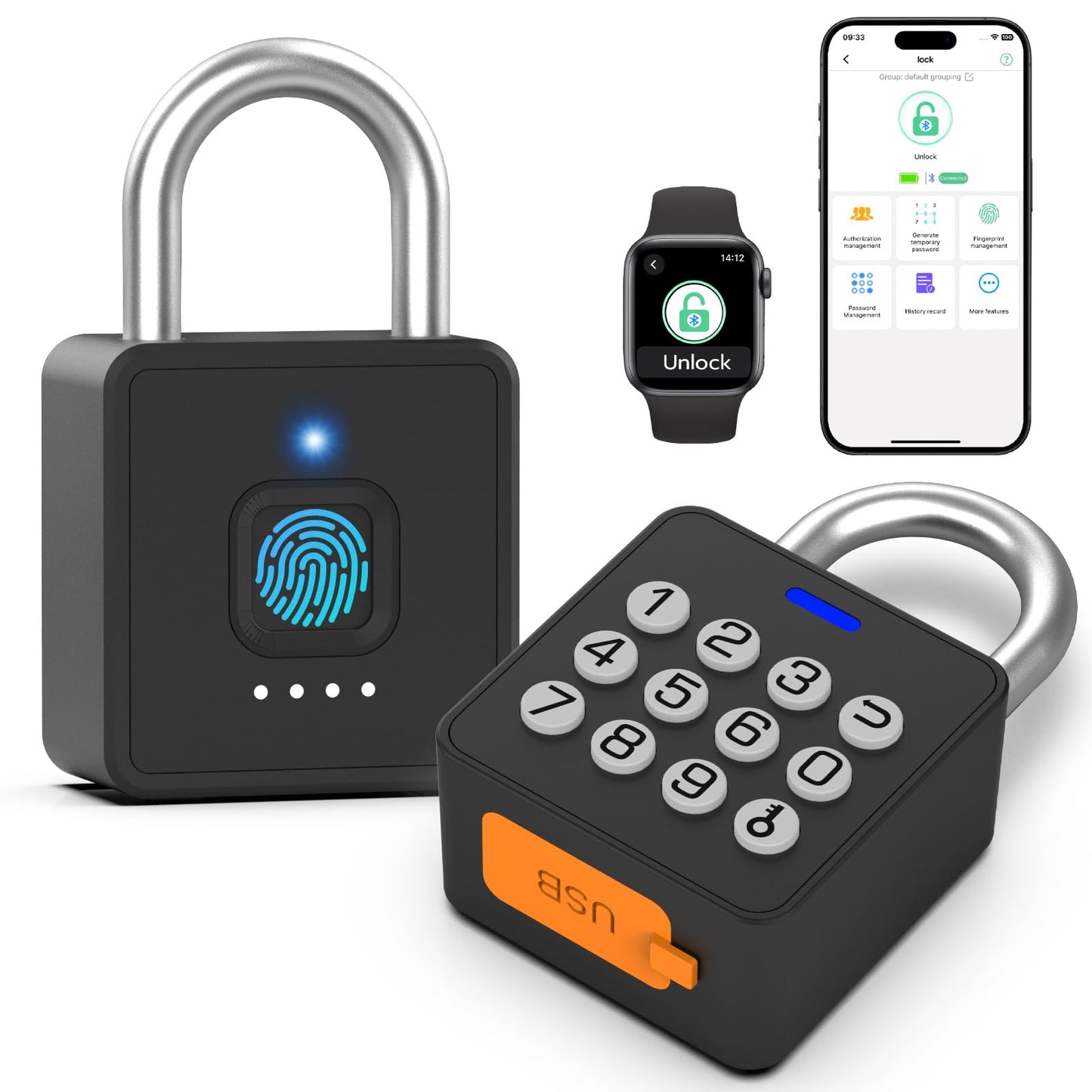 Combination Lock eLinkSmart Gym Locker Padlock with 9 Digit Push Button Password Fingerprint APP Unlock Keyless Biometric Security Metal Padlock for Gym and School Lockers Storage Tool Box
