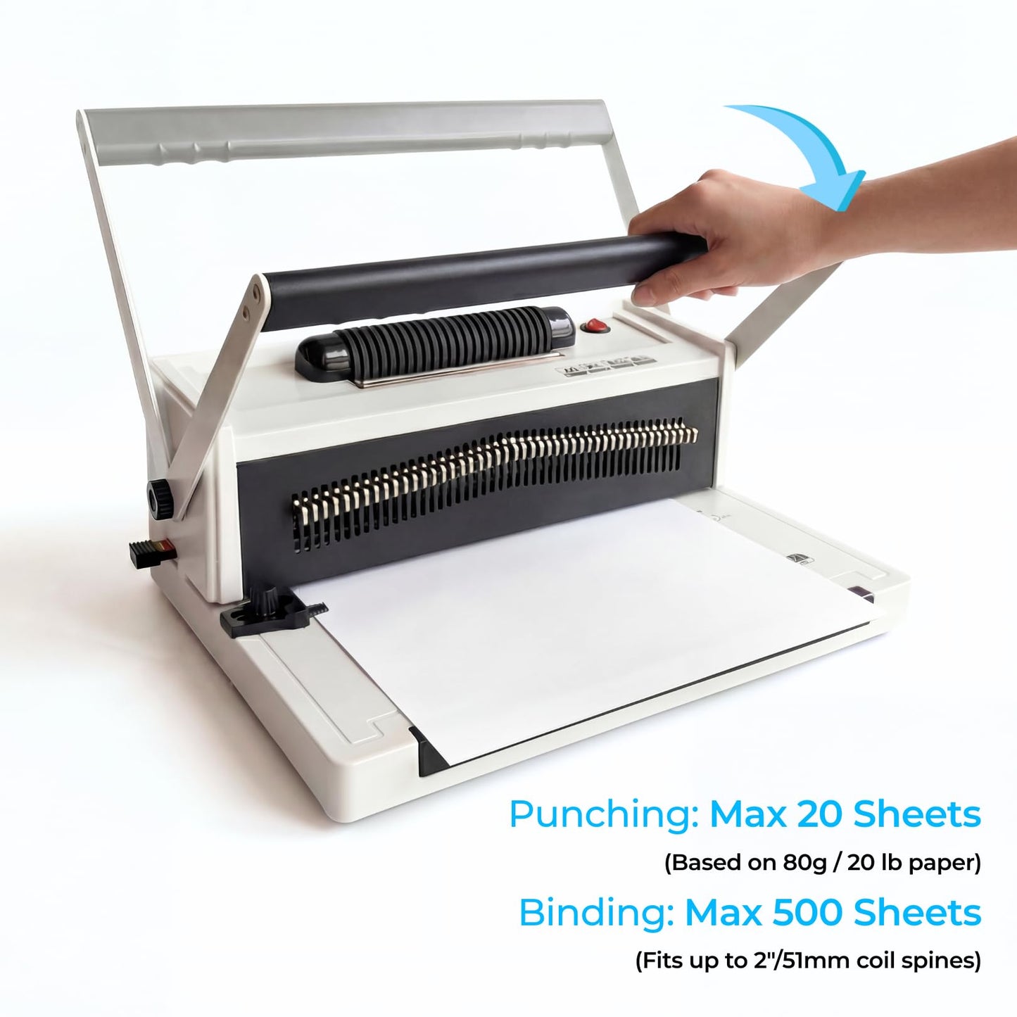 Spiral Binding Machine with Electric Coil Inserter, 20-Sheet Manual Punch, 4:1 Pitch, 46 Fully Disengageable Pins for Versatile Binding - Binds up to 500 Sheets - Includes 100 Coils & Crimping Pliers