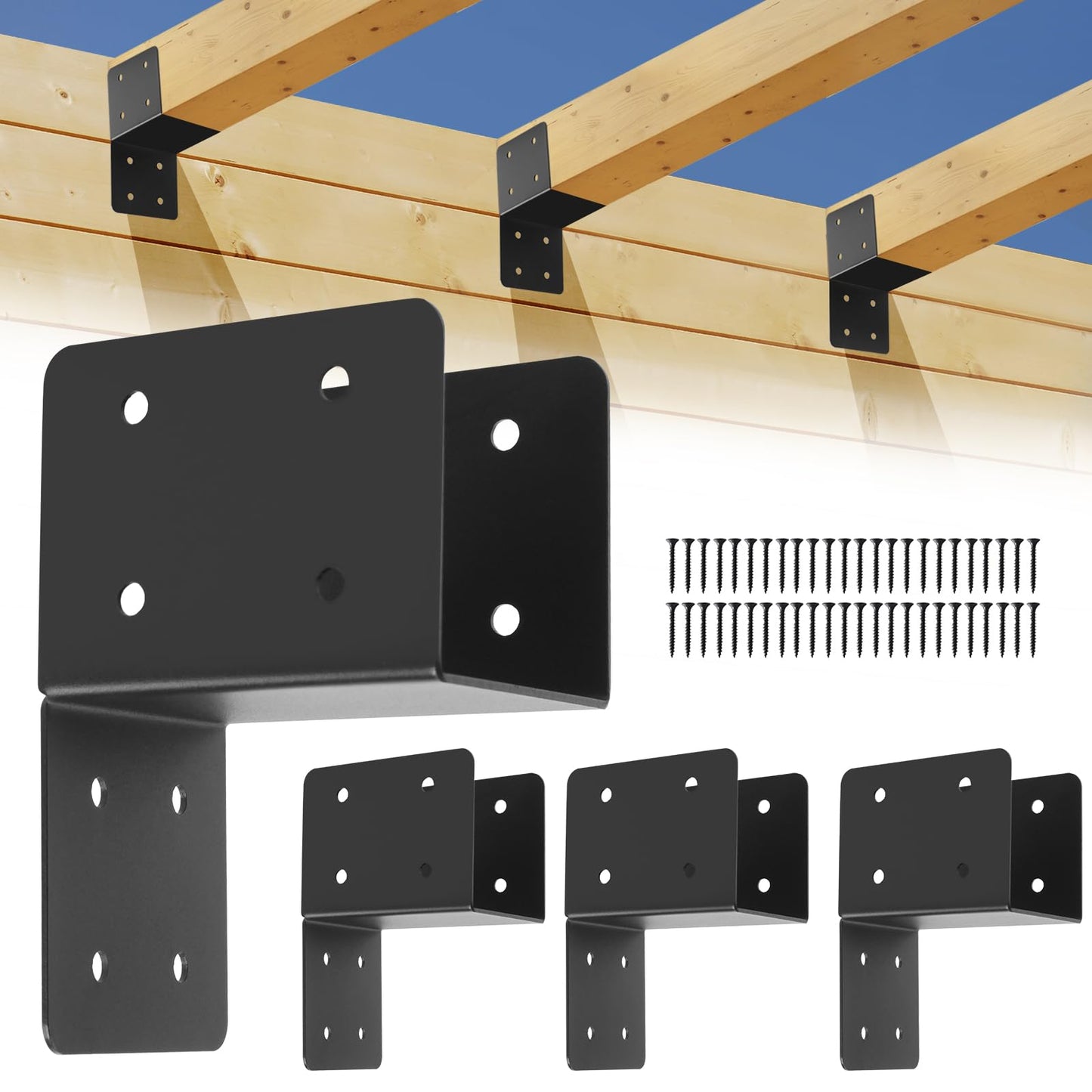 4 Pcs Post Caps Tie Bracket,4x4 Black Joist Anchor Connector for 4x4,4x6 Post,14 Gauge Joist Hanger Brackets,Roof Tie Header Hanger for Supporting Beams Rafters