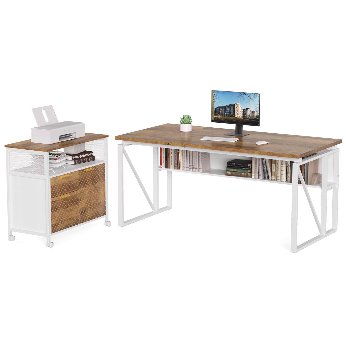 LITTLE TREE 63-Inch Office Desk with 31.5-Inch Lateral File Cabinet, Study Writing Desk Computer Desk for Home Office