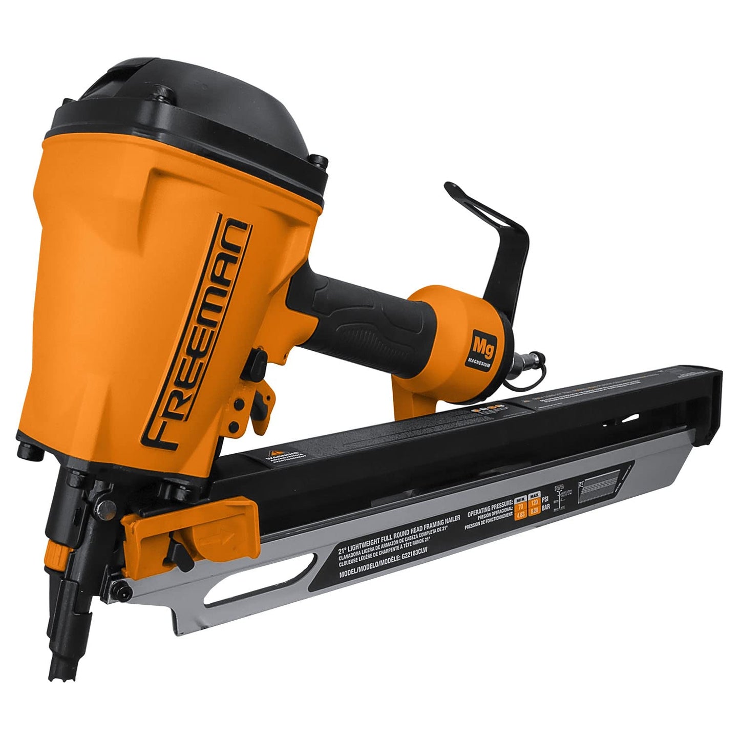 Freeman 2nd Generation Compact Lightweight Pneumatic 21° 3-1/4" Framing Nailer with Adjustable Metal Belt Hook and 1/4" NPT Air Connector | G22183CLW