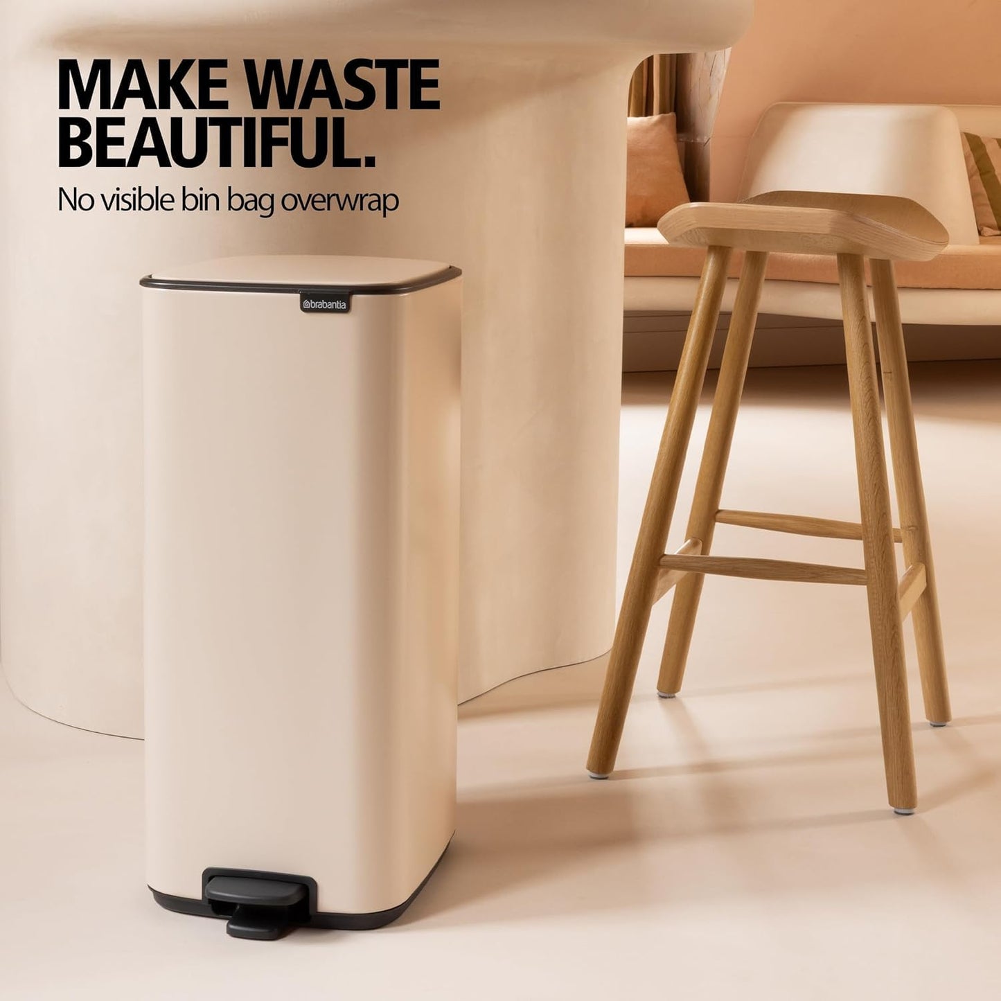 Brabantia Bo Touch Top 8 Gallon Square Trash Can | Matt Steel Fingerprint Proof | Soft-Touch Kitchen Trash Can, Removable Inner Bucket, Non-Slip Base | Sample Trash Bags Included