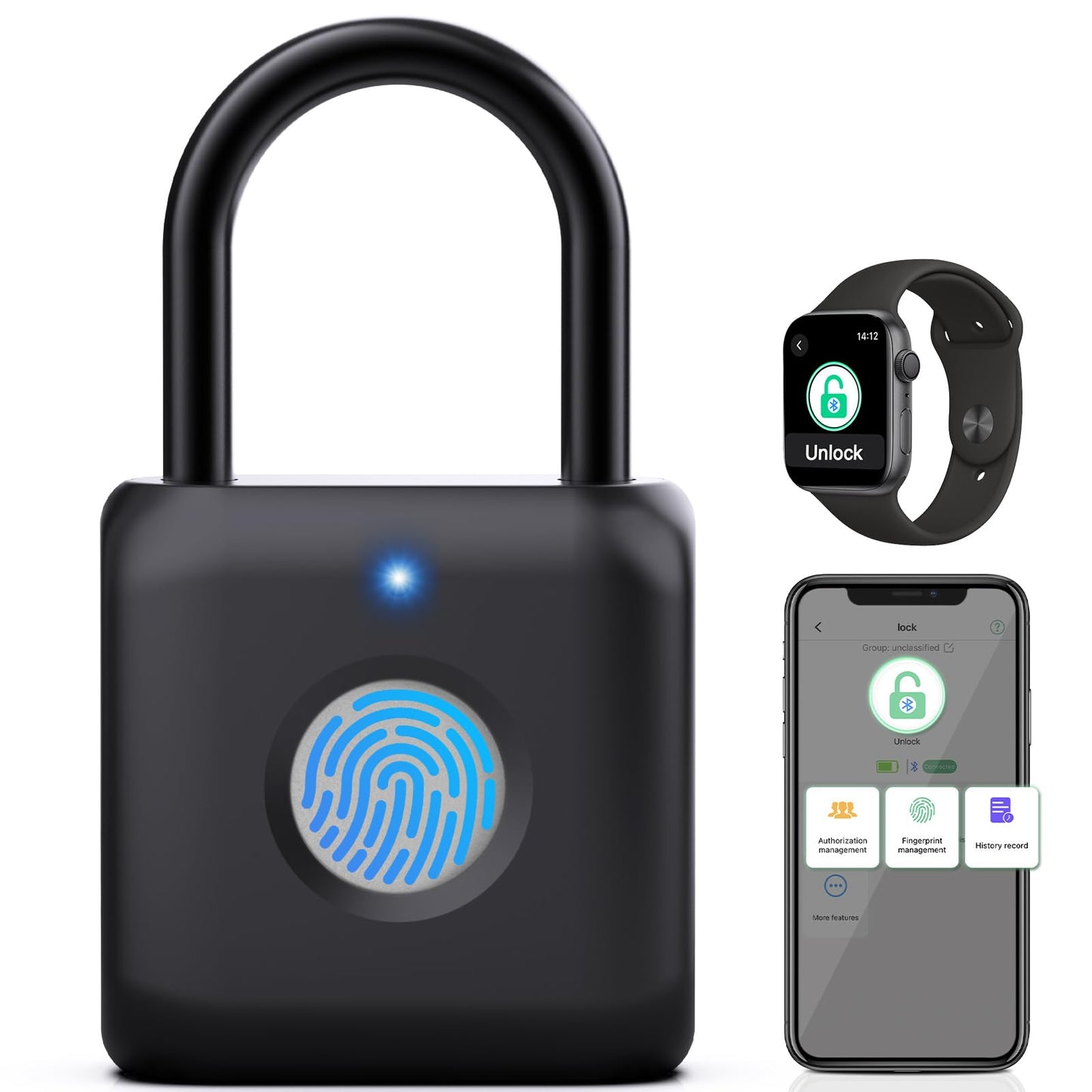 Pothunder Fingerprint Padlock, Smart Padlock, Locker Lock, Combination Lock, Fingerprint Lock with APP Unlock, USB Rechargeable, Suitable for Gym Locker, Door, Locker(Black)