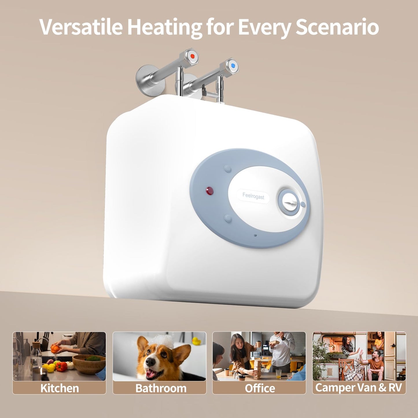 Feelrogast Electric Tank Water Heater-8 Gallon Under Sink Instant Hot Water for RV, Camper, Kitchen, Food Truck, 120V 1500W, Blue, Wall or Floor Mounted