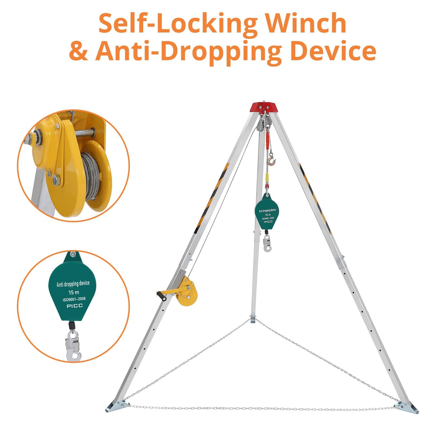 Confined Space Tripod Rescue System, 1200 LB Winch Space Tripod Kit with Self-Locking Safety, Adjustable Legs & 49 Ft Cable for Well, Sewer