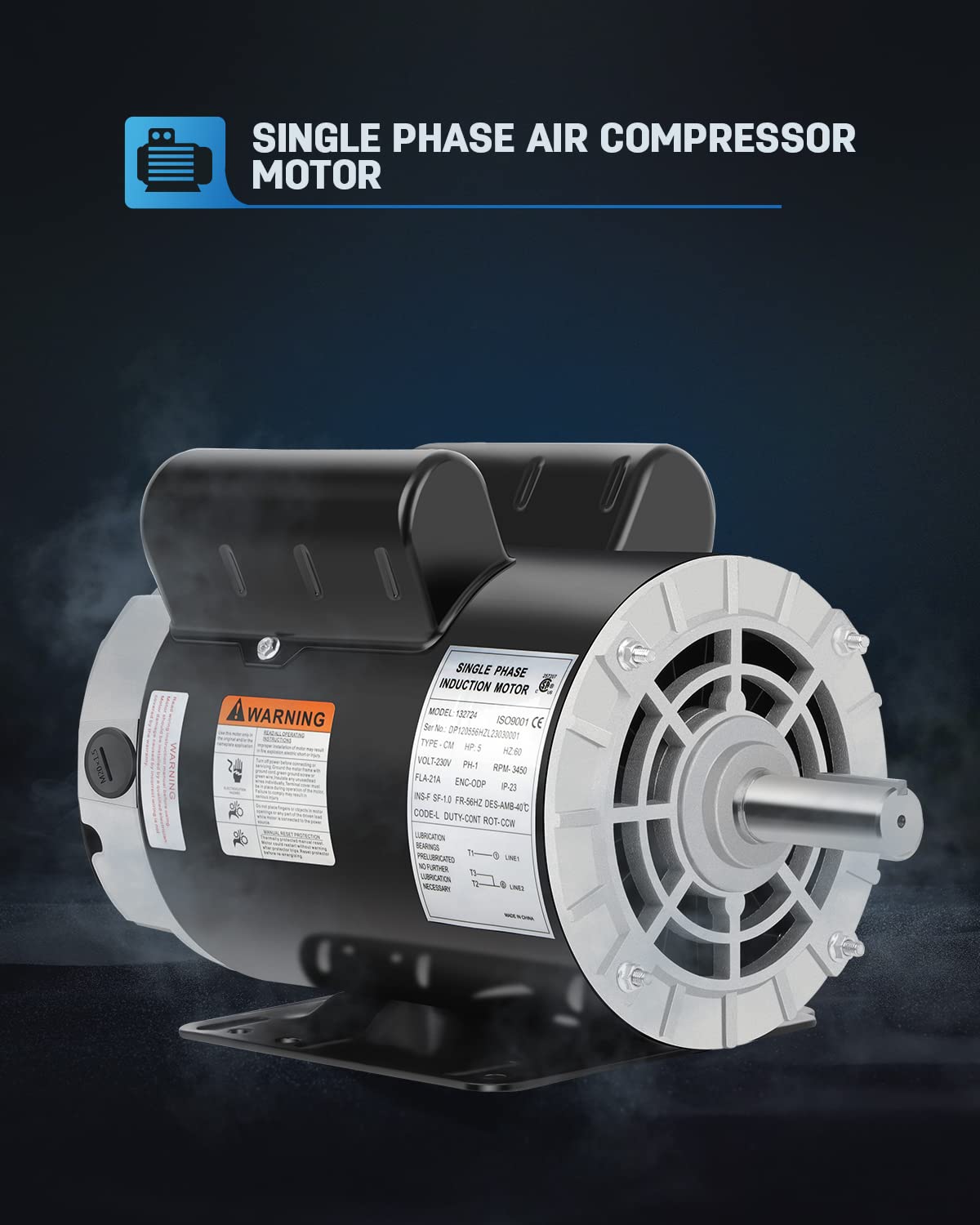 5 HP Air Compressor Electric Motor, 230V Air Compressor Motor 3450 RPM, Single Phase Motor, 56HZ Frame 7/8" Keyed Shaft for Air Compressor