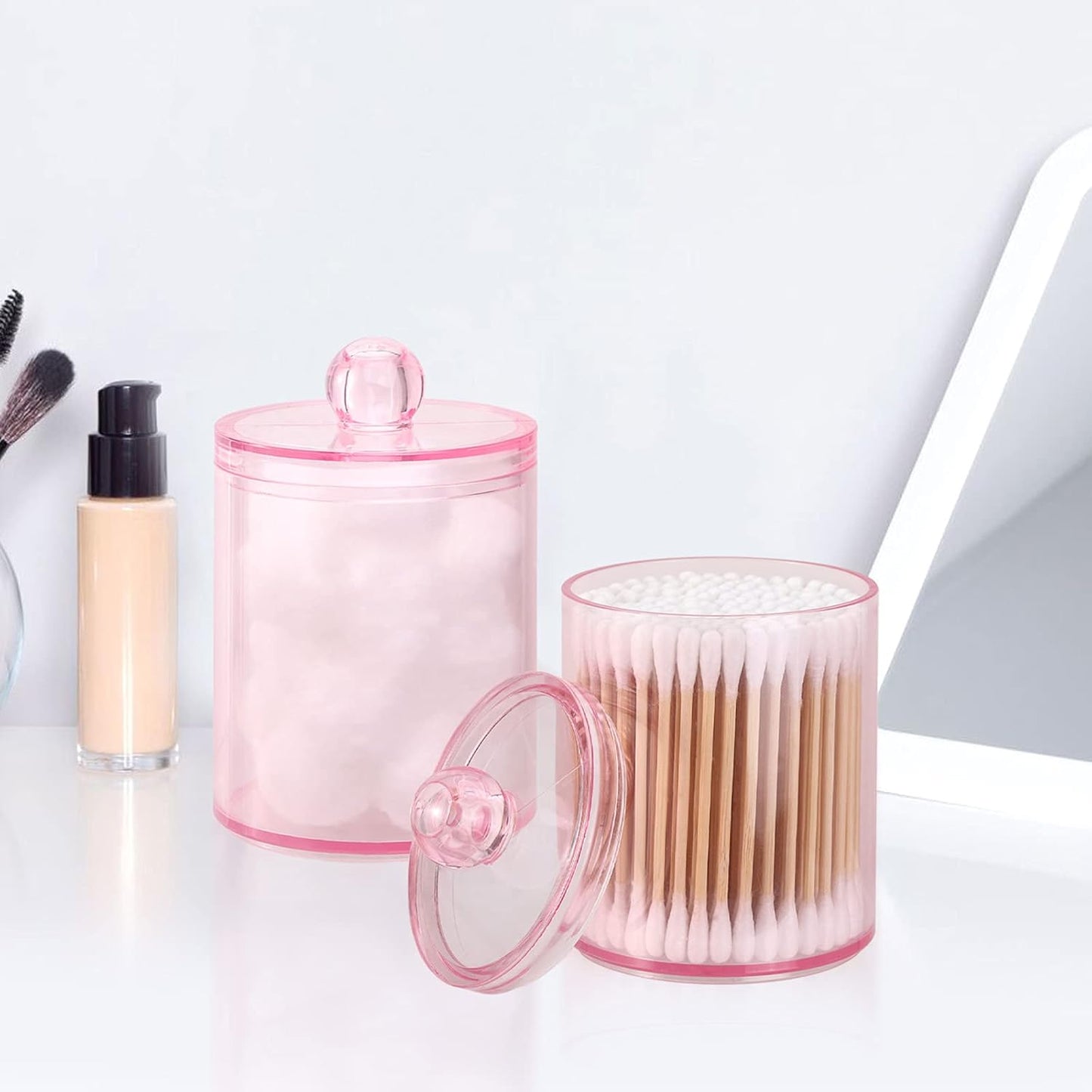 Tbestmax Qtip Holder - 2 Pack Bathroom Canisters for Cotton Ball & Swab Storage | Pink 10-Ounce