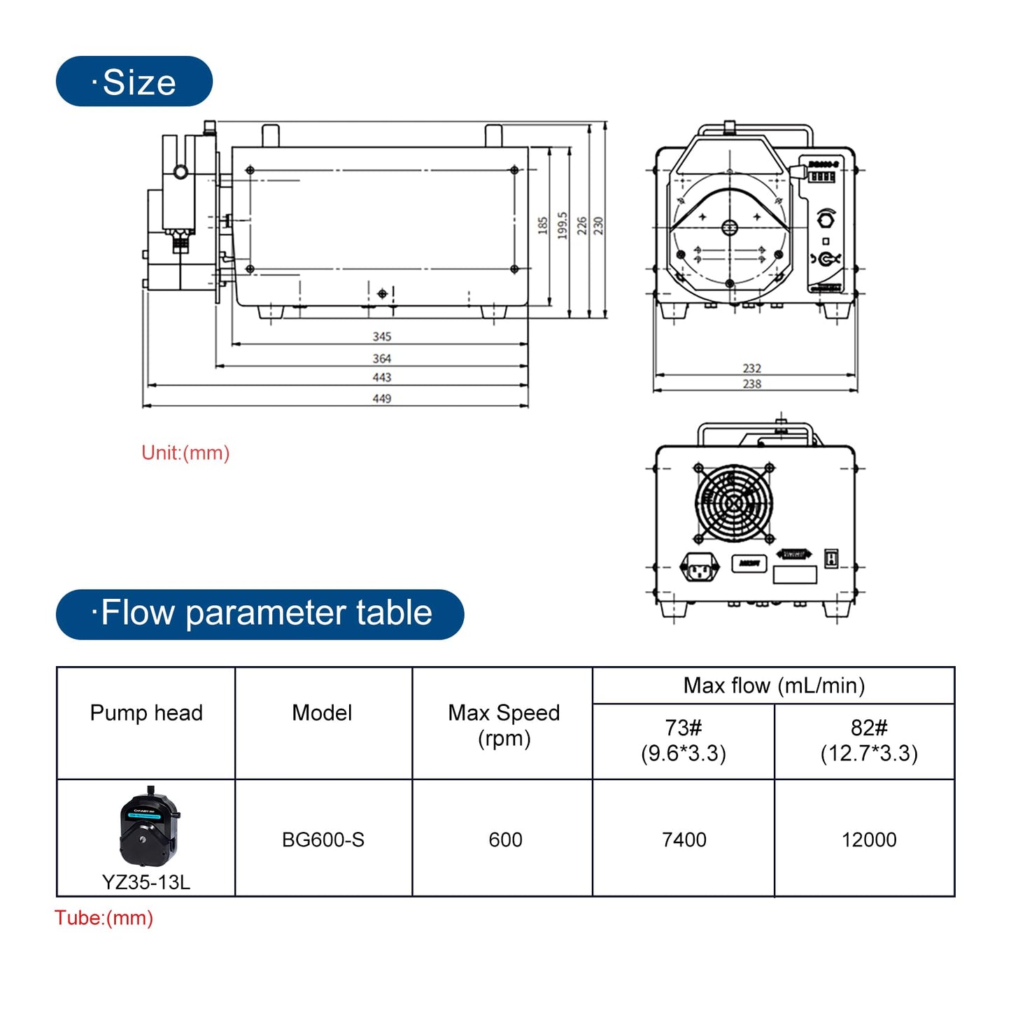 BG600-S High Volume Industrial Peristaltic Pump with Pump Head, Digital Knob Adjustment Flow Rate 1.3-12000ml/min with 2 Meter 82# Tubing High Precision Easy Operation Has Power Outage Memory Function