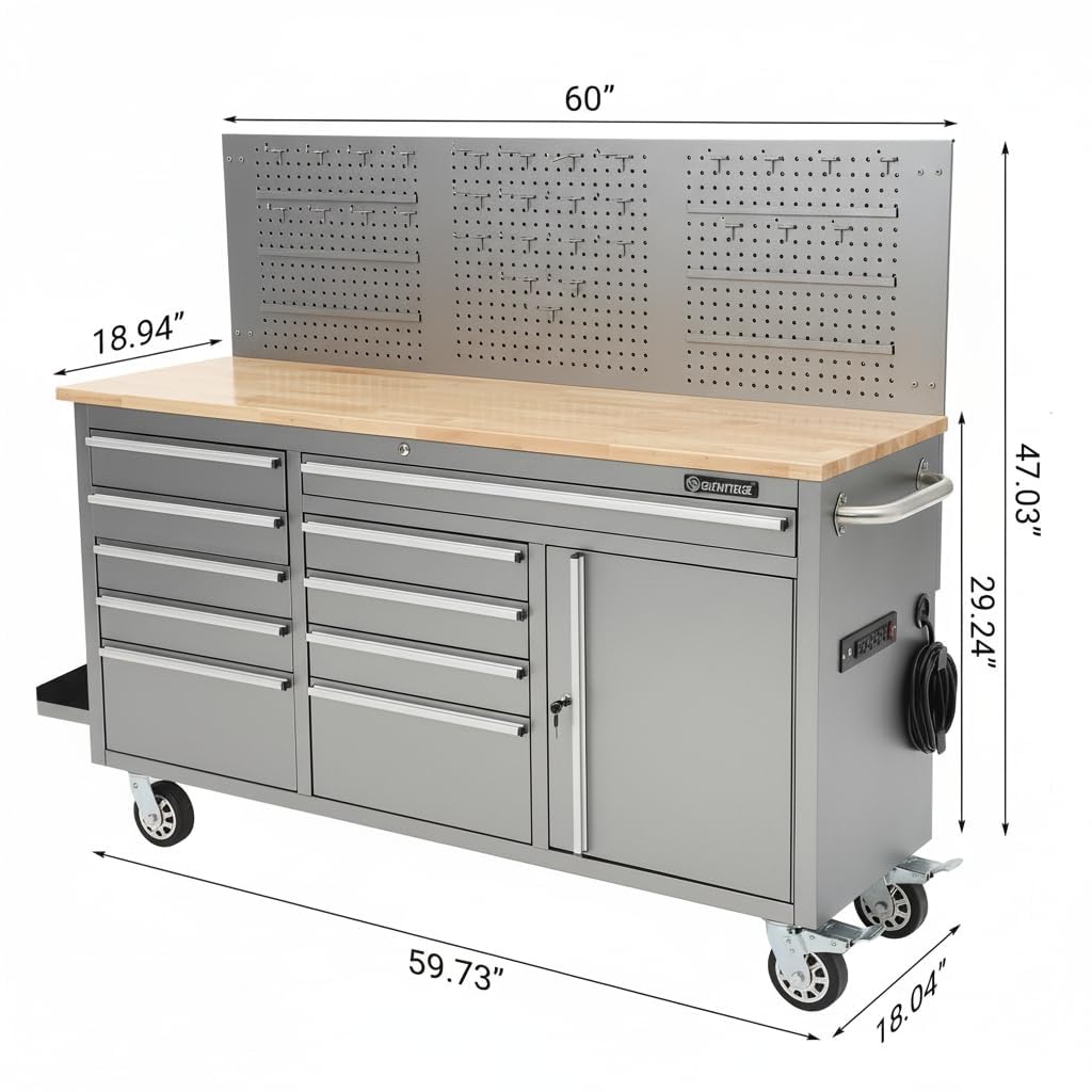MilleLoom Tool Chest, 61 Inch Tool Box Mobile 9 Drawers Storage Rolling Cabinet with Wheels Lock Key Locking System Drawer Liners for Garage Warehouse Repair Shop, Sliver
