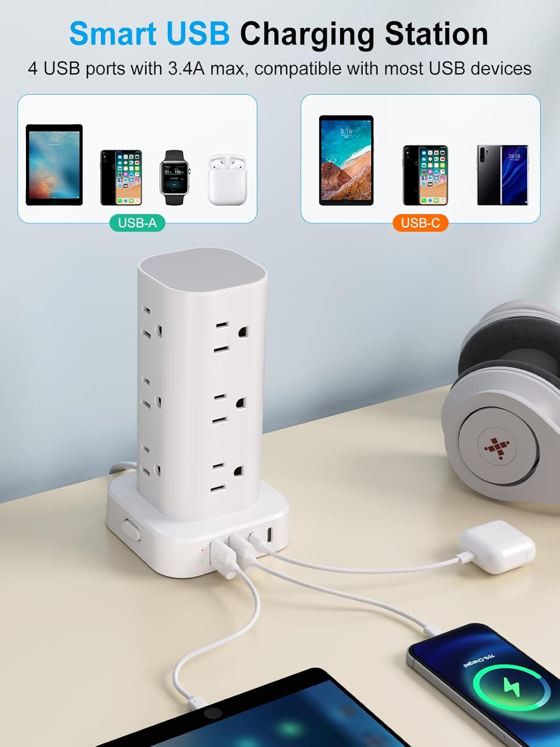 UWIWUTEI 12 4 (2 6FT Power Strip Tower with Multiple Outlets, Flat Plug Surge Protector Tower Extension Cord with AC