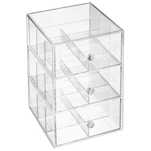 mDesign Plastic Wide Kitchen Pantry, Cabinet, Countertop Organizer Storage Station with 3 Drawers for Coffee, Tea, Sugar Packets, Sweeteners, Creamers, Drink Pods, Packets; 18 Sections - Clear