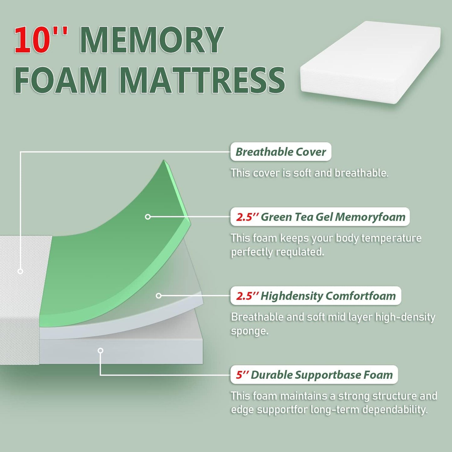 PayLessHere Twin Mattress - 10 Inch Green Tea Memory Foam, CertiPUR-US Certified, Medium-Firm, Removable Cover