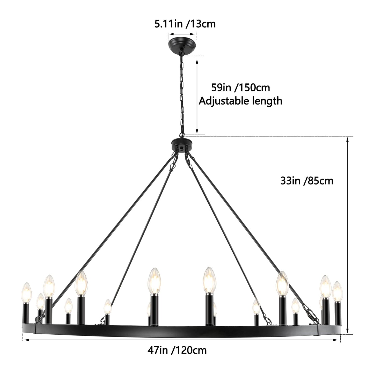 LynPon Black Wagon Wheel Chandelier 47 Inch, 16 Lights Modern Farmhouse Chandeliers, Rustic Large High Ceiling Round Chandelier, Industrial Hanging Light Fixture for Living Room Dining Room Foyer