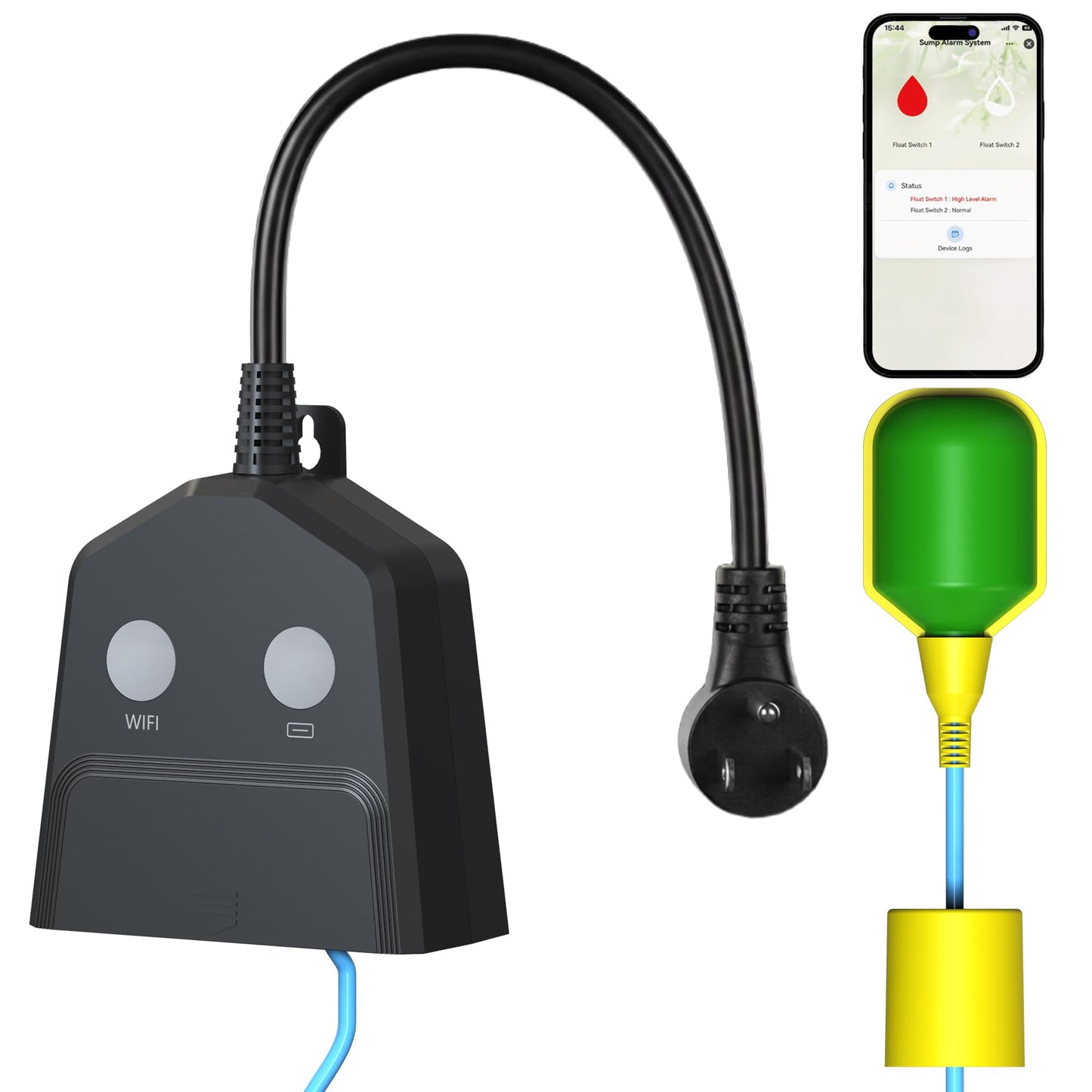 Sump Pump Alarm WiFi, Smart High/Low Water Level Alarm with Alarm-activated Outlet, Free App Alerts,Built-in Backup Battery,110dB Siren,10ft Float Switch for Septic Tank, Sump Pump, Ponds & Water Tank